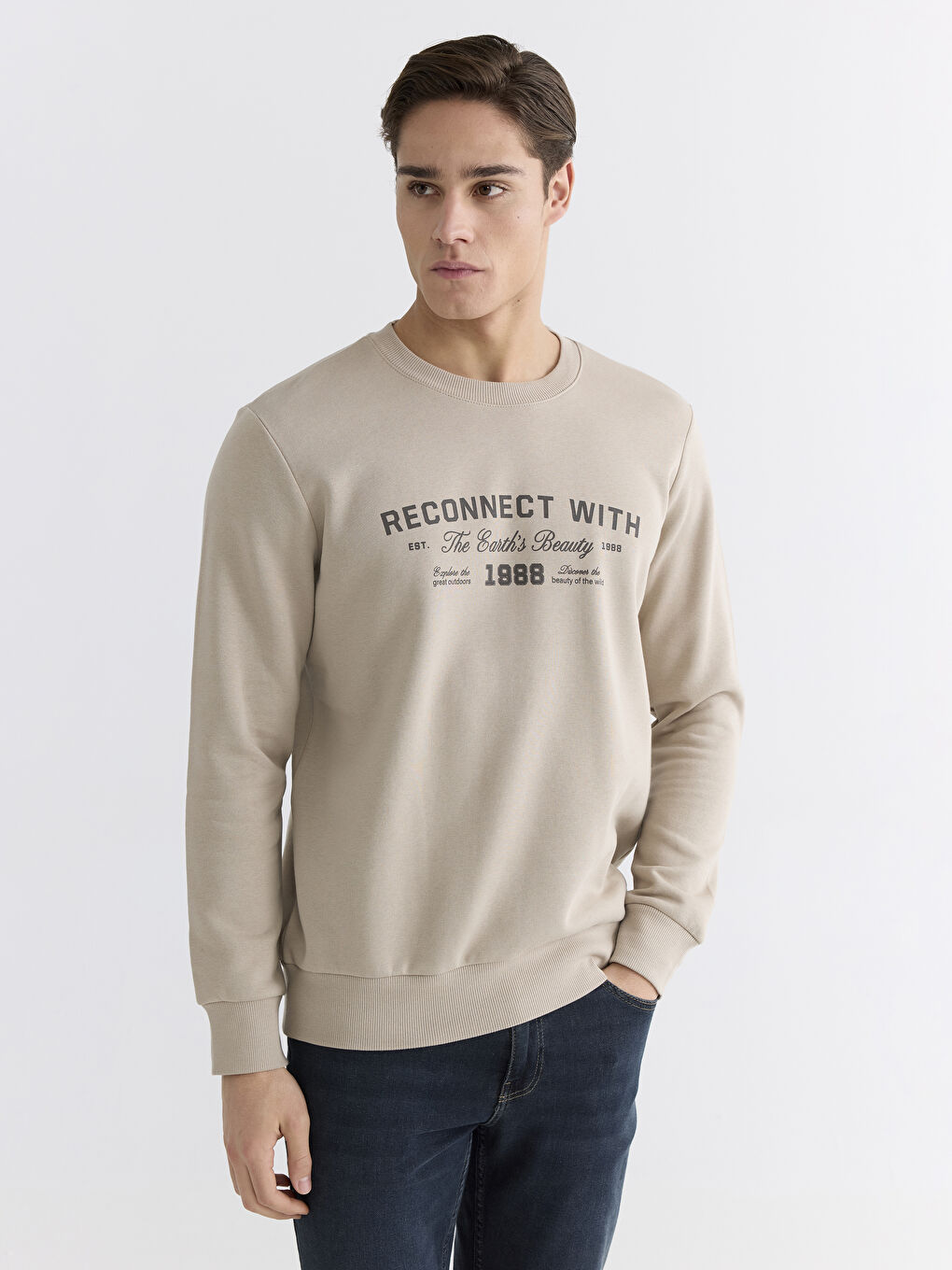 Bej Bisiklet Yaka Erkek Kalın Sweatshirt