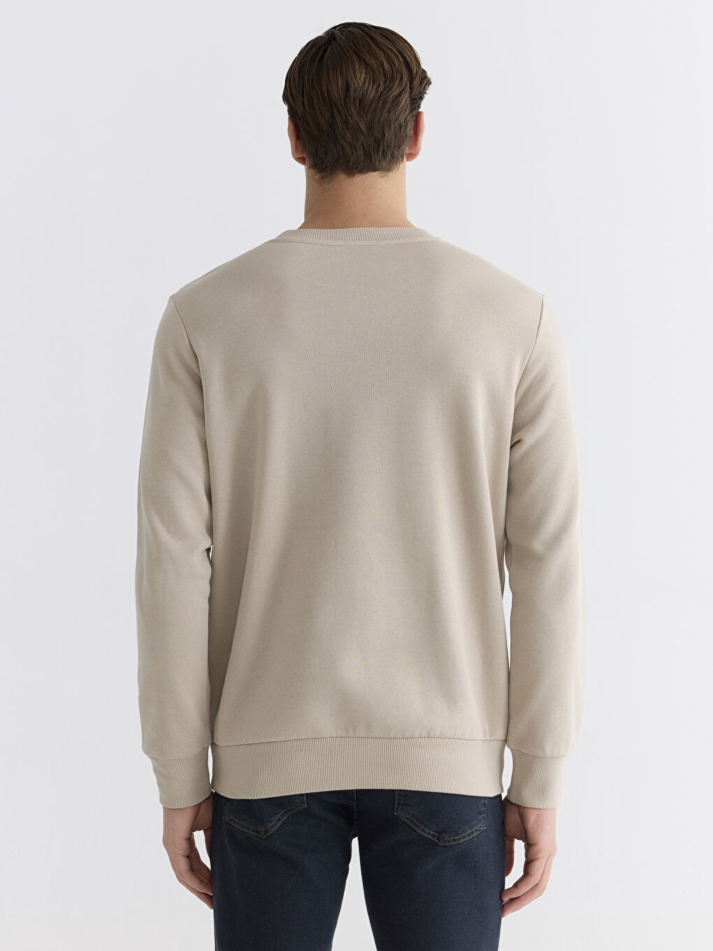 Bej Bisiklet Yaka Erkek Kalın Sweatshirt-3