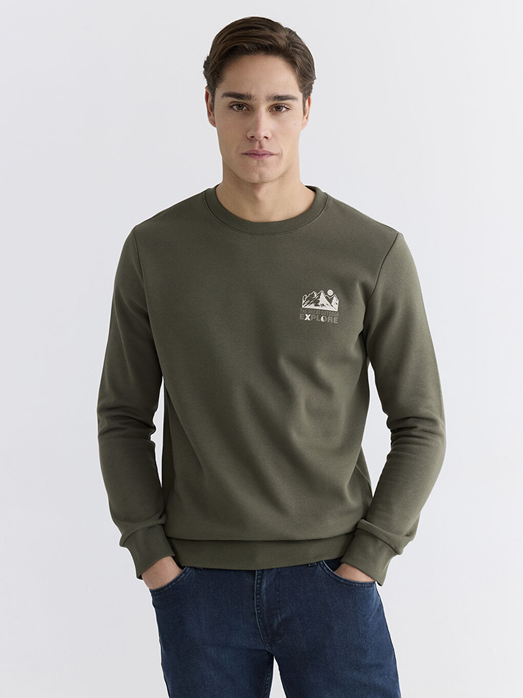 Haki Bisiklet Yaka Baskılı Erkek Kalın Sweatshirt