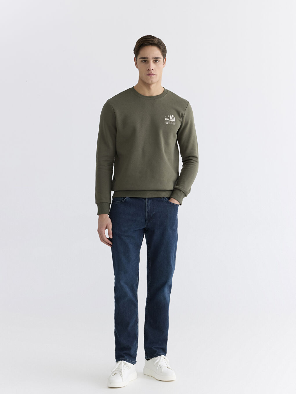 Haki Bisiklet Yaka Baskılı Erkek Kalın Sweatshirt-1