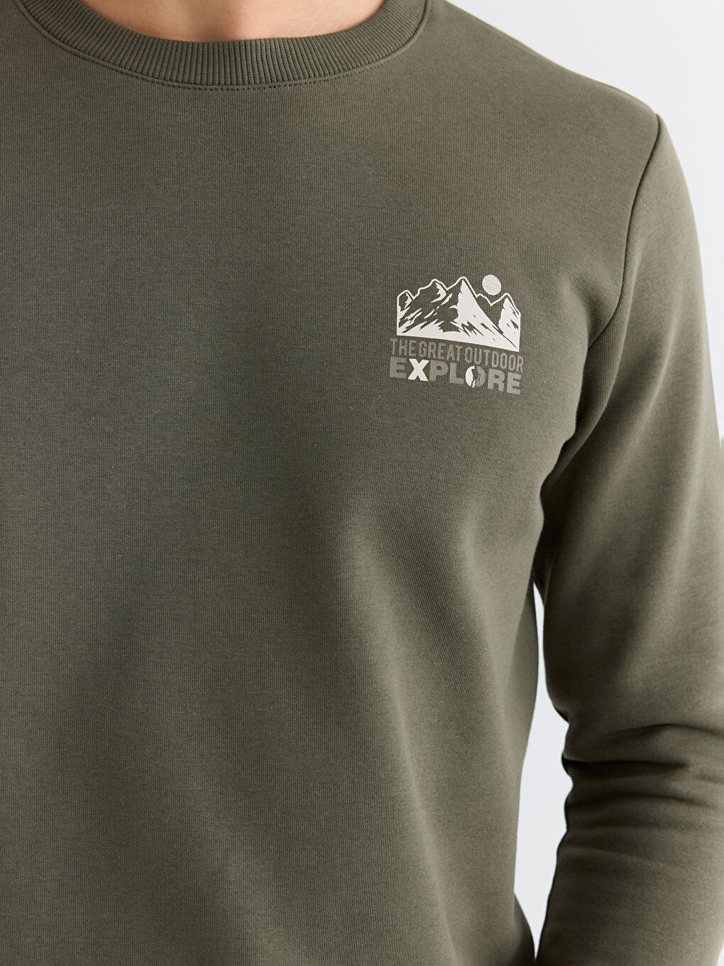 Haki Bisiklet Yaka Baskılı Erkek Kalın Sweatshirt-2