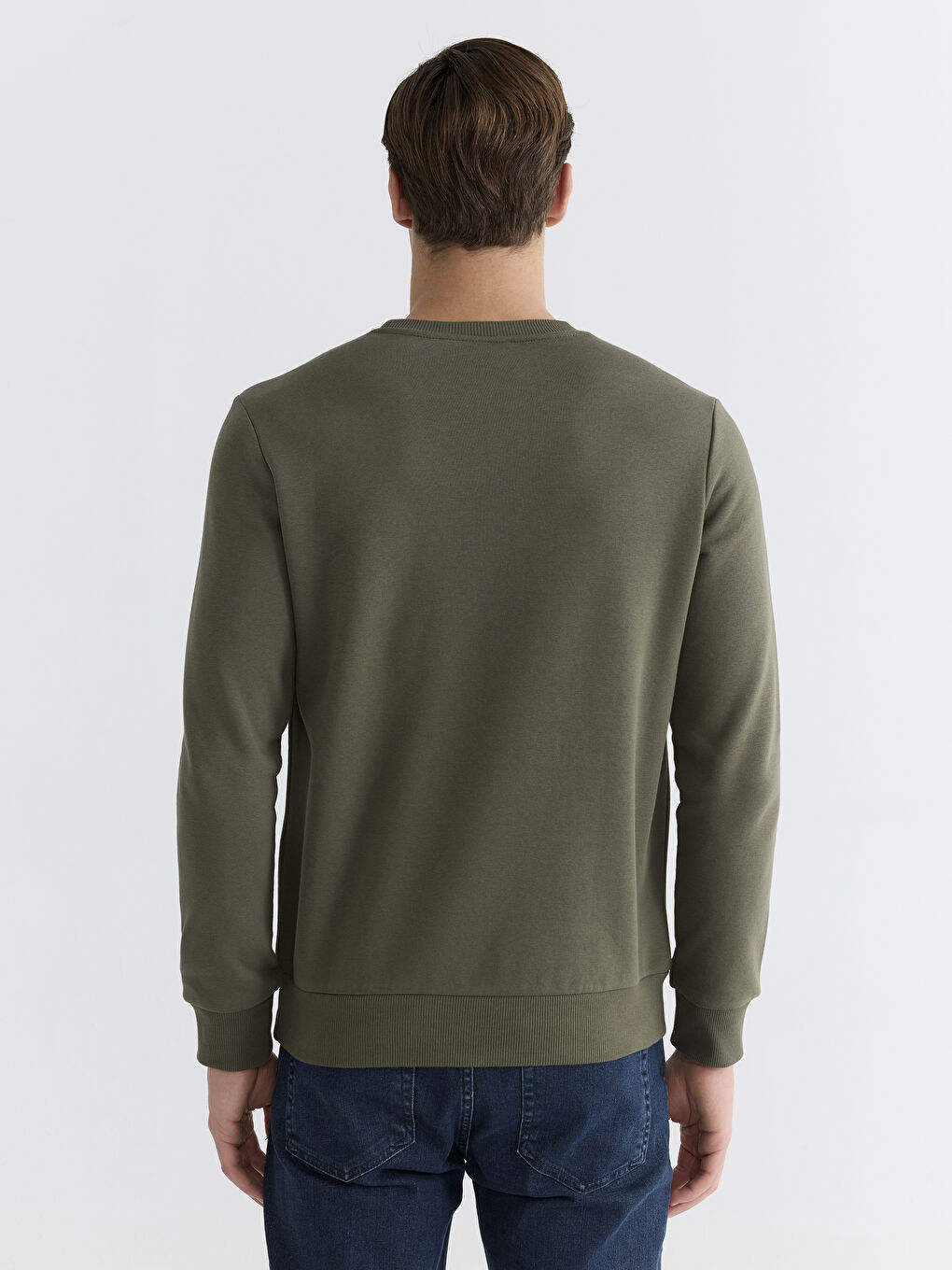 Haki Bisiklet Yaka Baskılı Erkek Kalın Sweatshirt-3