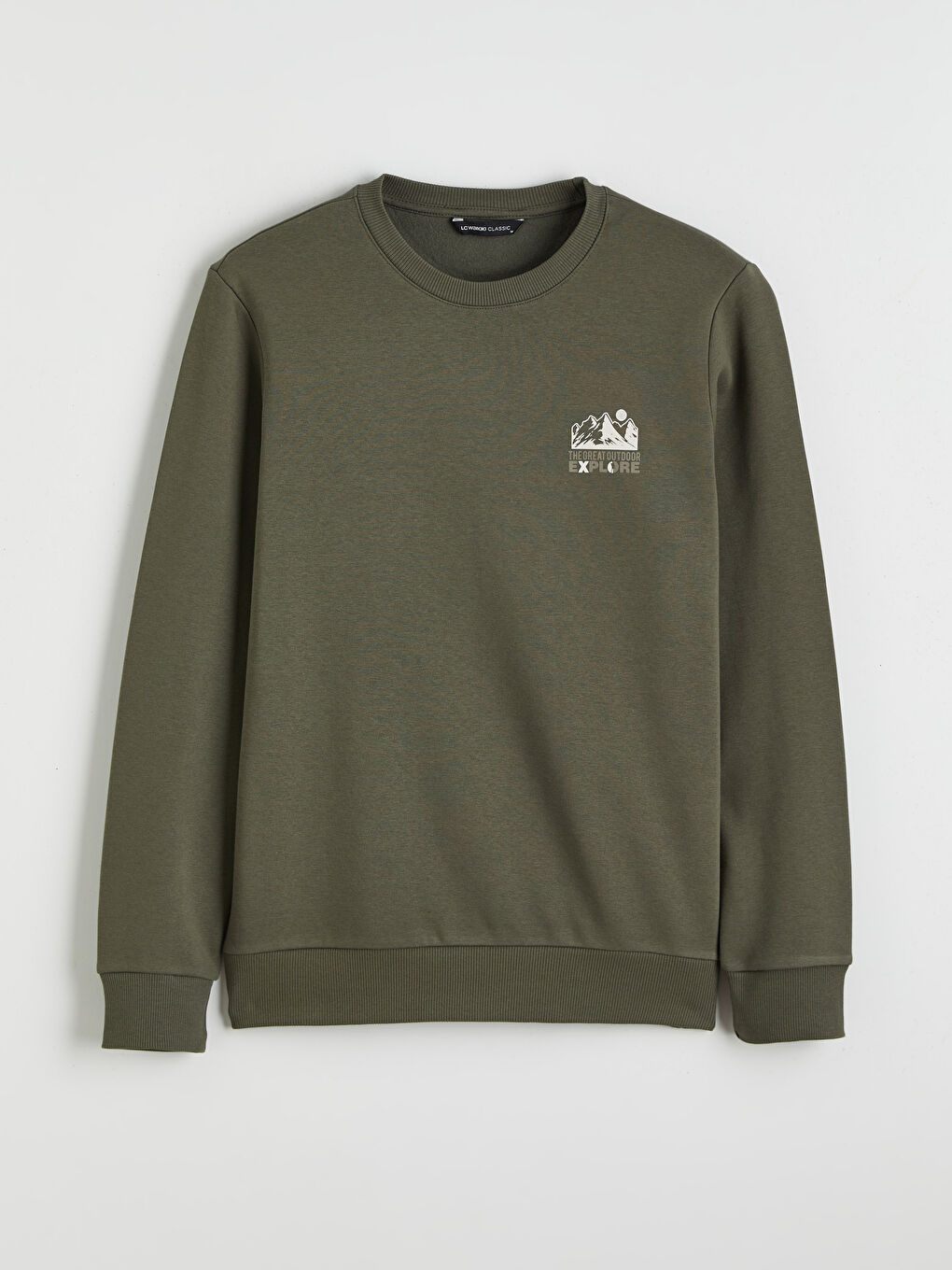 Haki Bisiklet Yaka Baskılı Erkek Kalın Sweatshirt-4