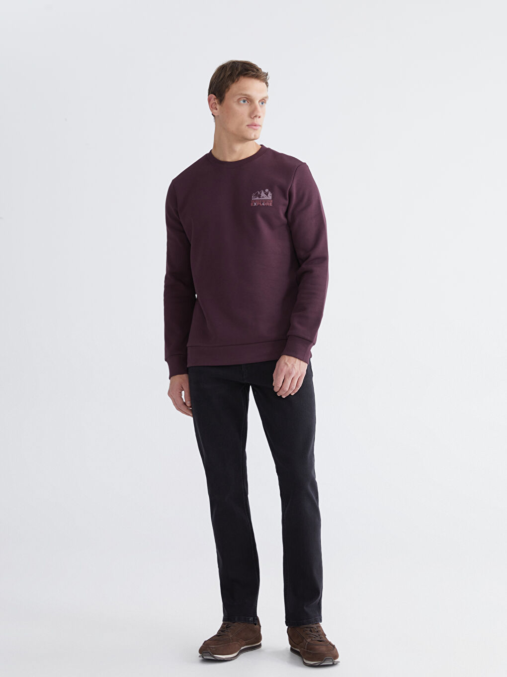 Mürdüm Bisiklet Yaka Baskılı Erkek Kalın Sweatshirt-1