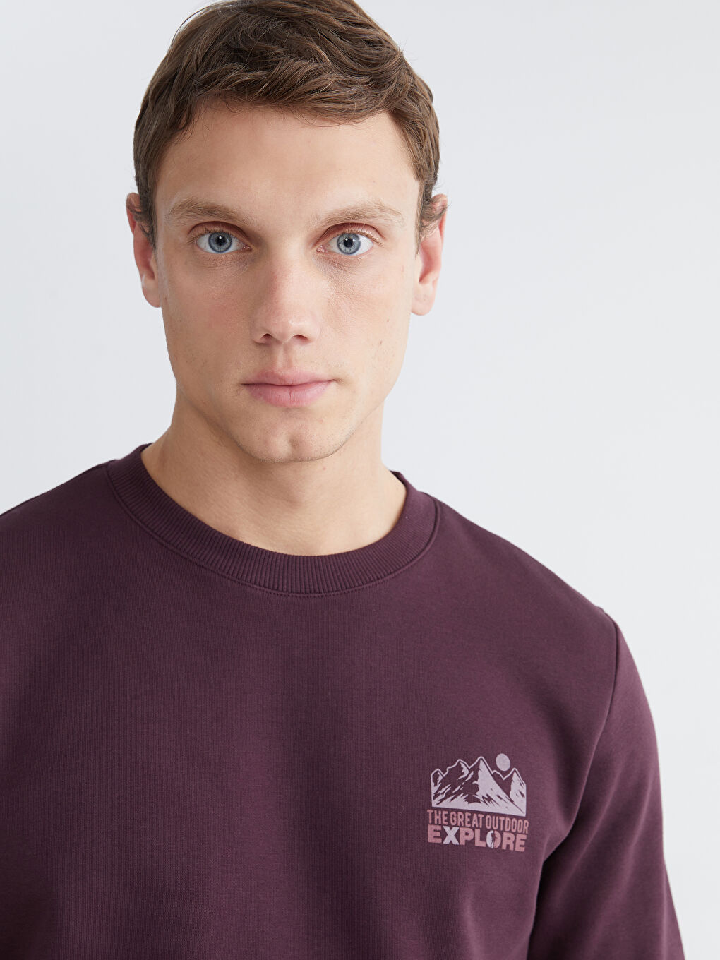 Mürdüm Bisiklet Yaka Baskılı Erkek Kalın Sweatshirt-2