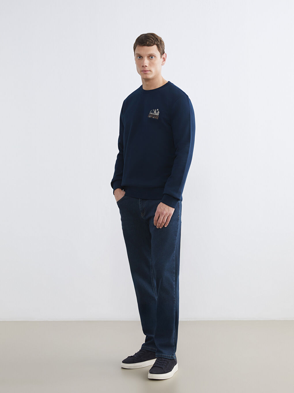 Lacivert Bisiklet Yaka Baskılı Erkek Kalın Sweatshirt-1