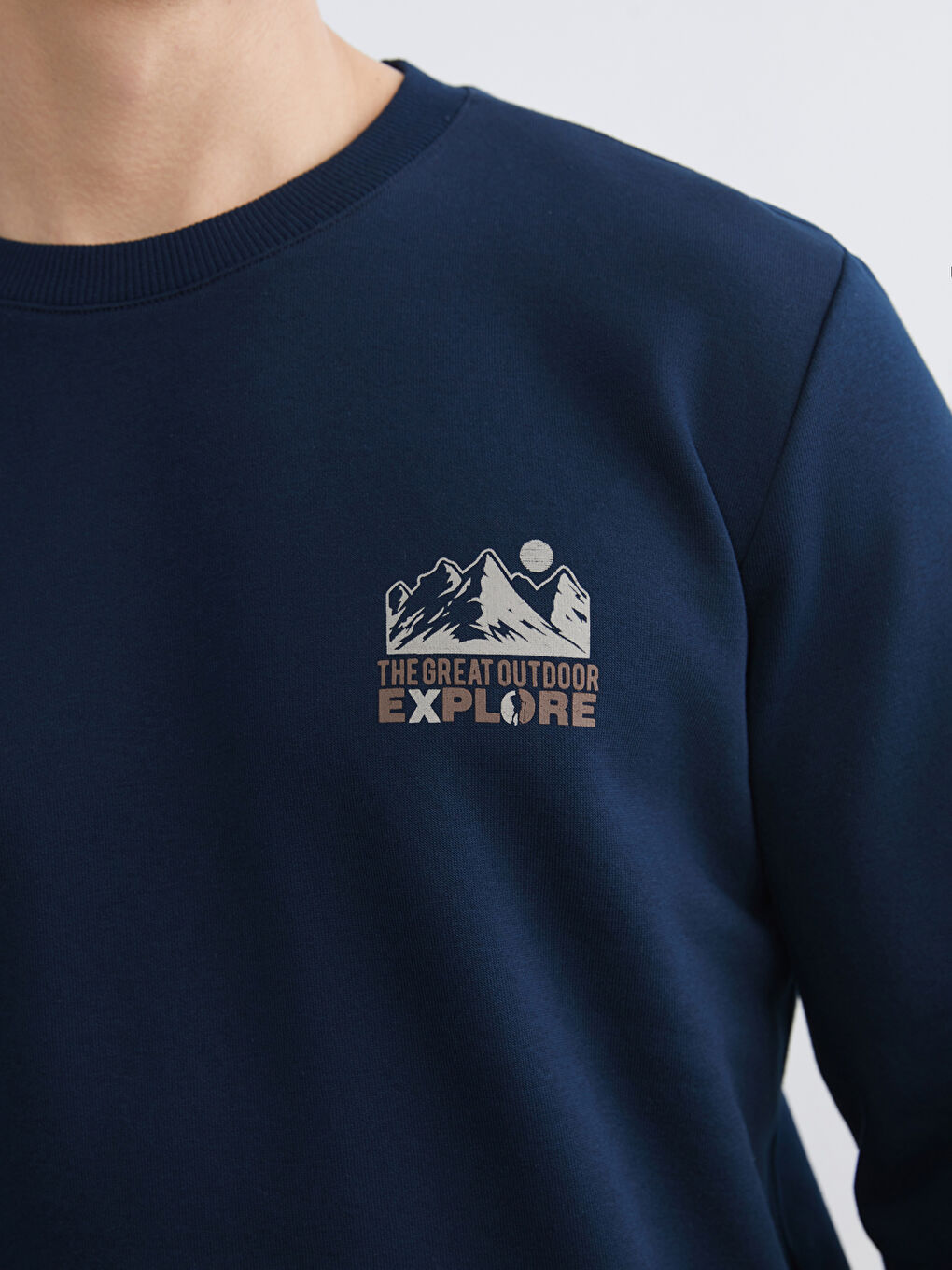 Lacivert Bisiklet Yaka Baskılı Erkek Kalın Sweatshirt-2