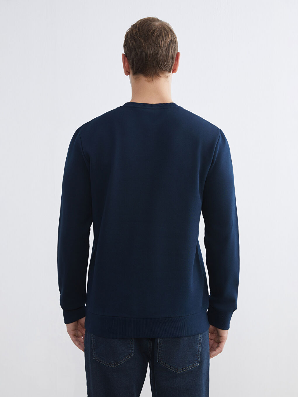 Lacivert Bisiklet Yaka Baskılı Erkek Kalın Sweatshirt-3