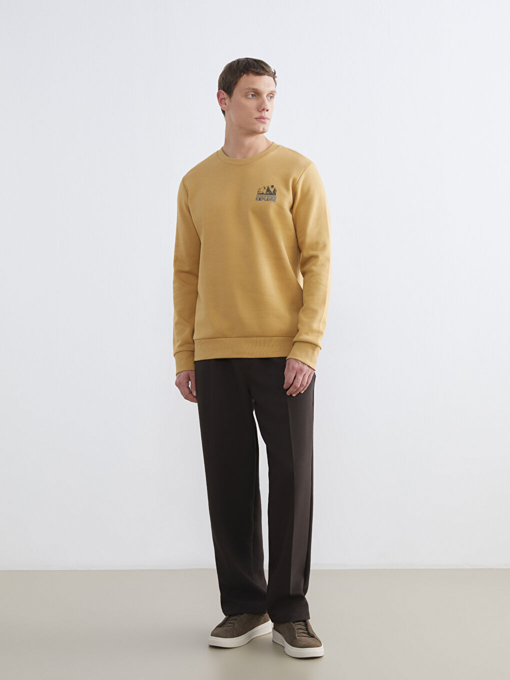 Sarı Bisiklet Yaka Baskılı Erkek Kalın Sweatshirt-1