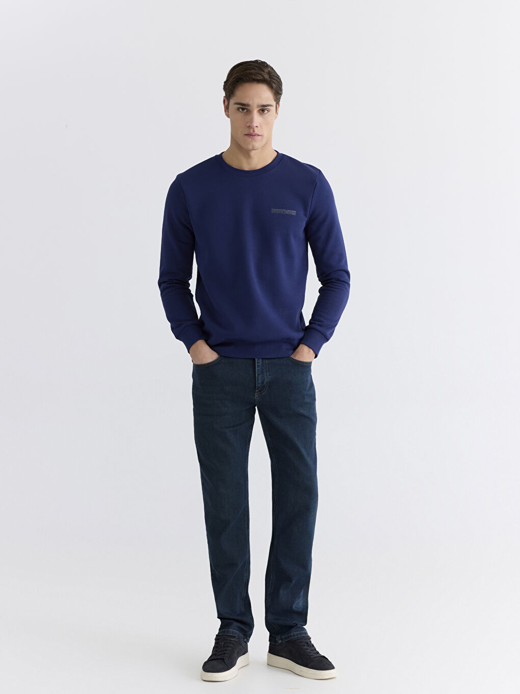 Lacivert Bisiklet Yaka Baskılı Erkek Kalın Sweatshirt-1