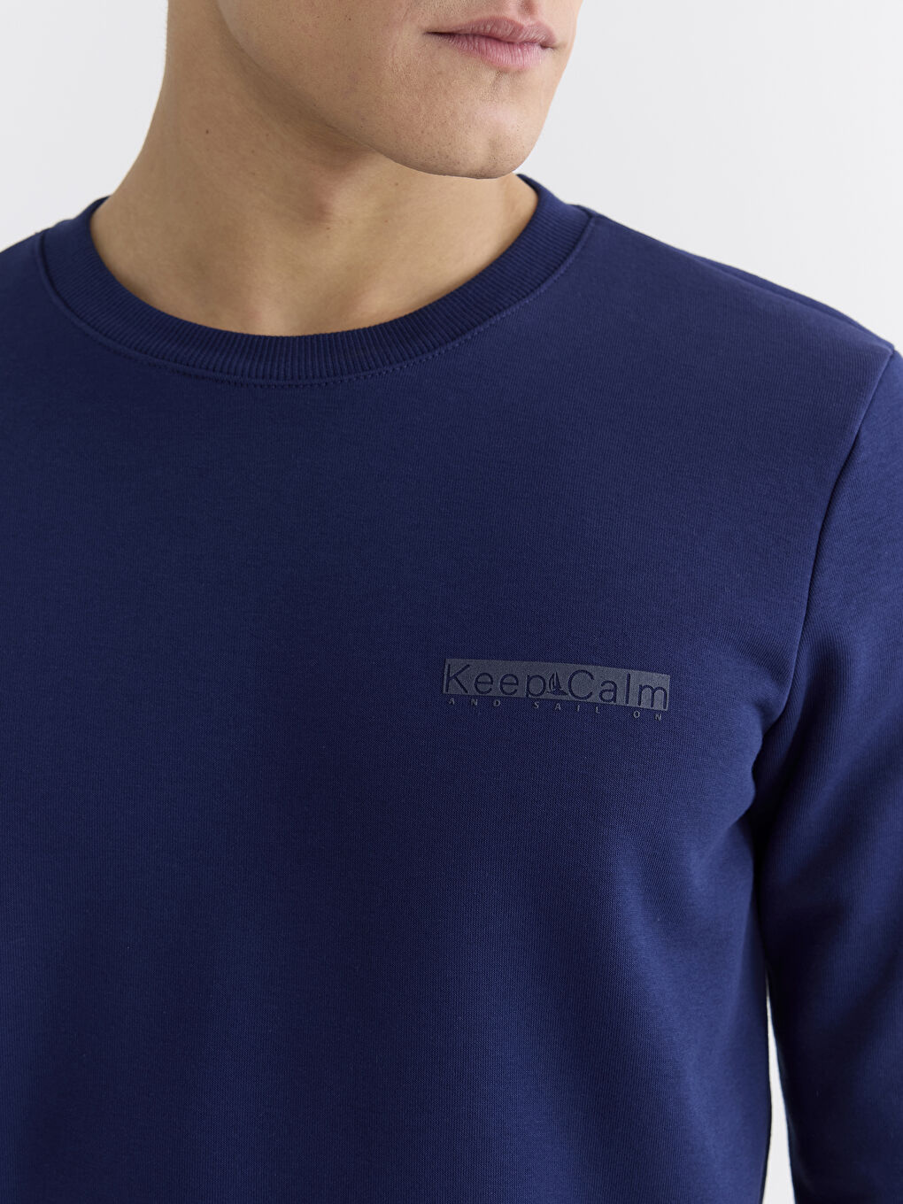 Lacivert Bisiklet Yaka Baskılı Erkek Kalın Sweatshirt-2