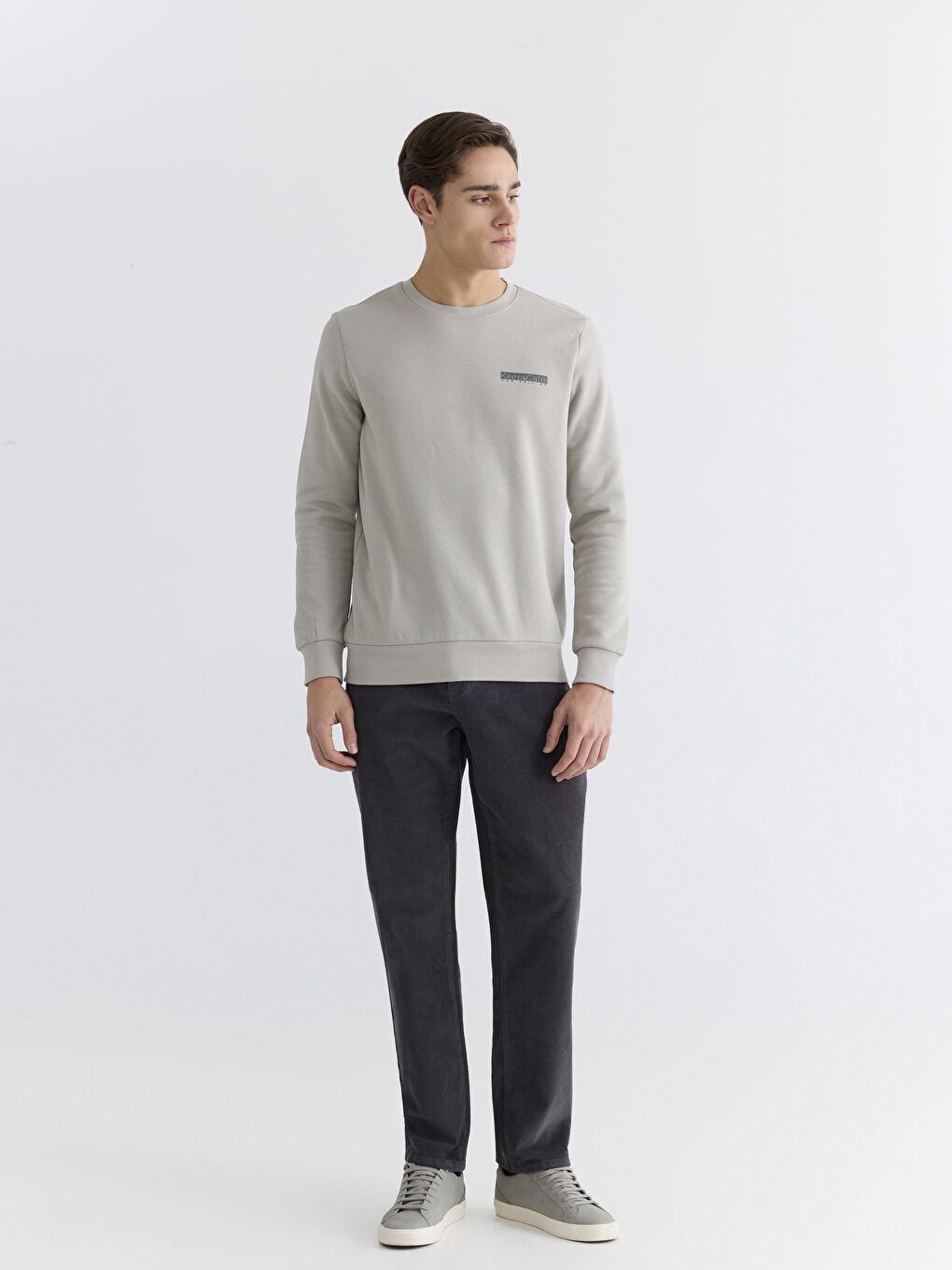 Gri Bisiklet Yaka Baskılı Erkek Kalın Sweatshirt-1