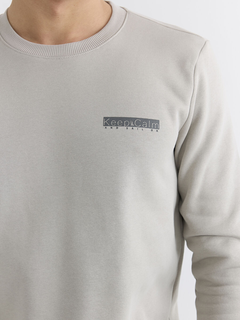 Gri Bisiklet Yaka Baskılı Erkek Kalın Sweatshirt-2