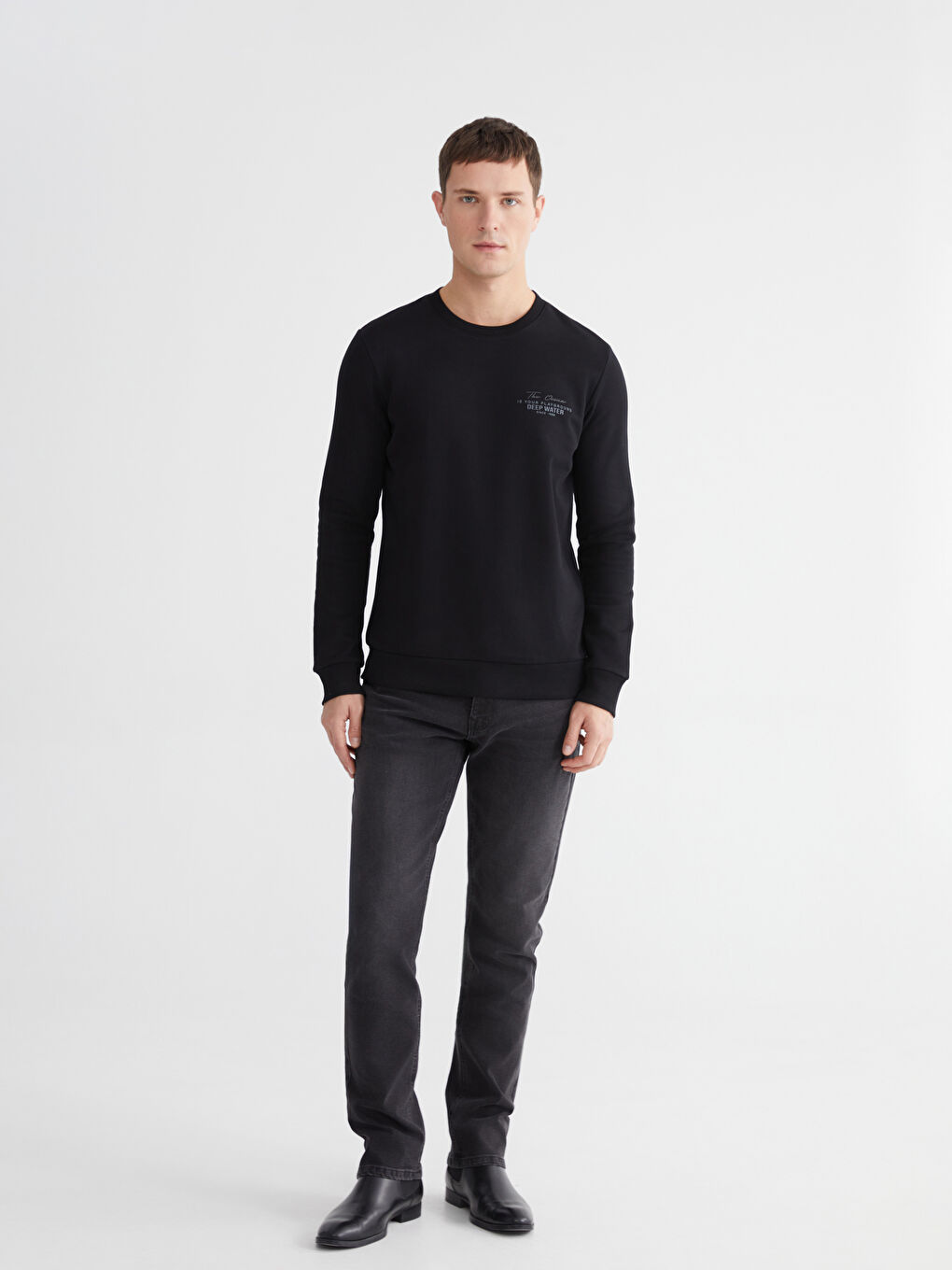 Siyah Bisiklet Yaka Erkek Kalın Sweatshirt-1