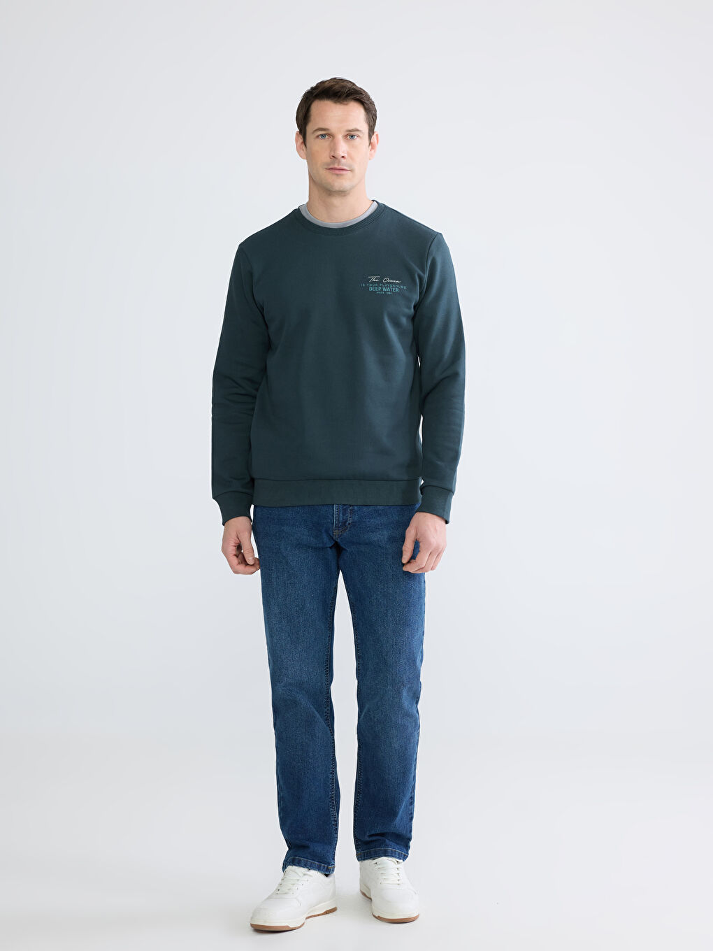 Petrol Bisiklet Yaka Erkek Kalın Sweatshirt-1