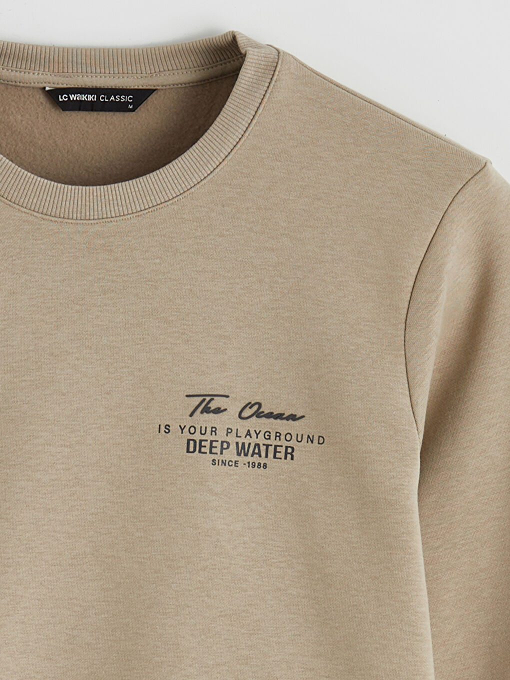 Bej Bisiklet Yaka Erkek Kalın Sweatshirt-1