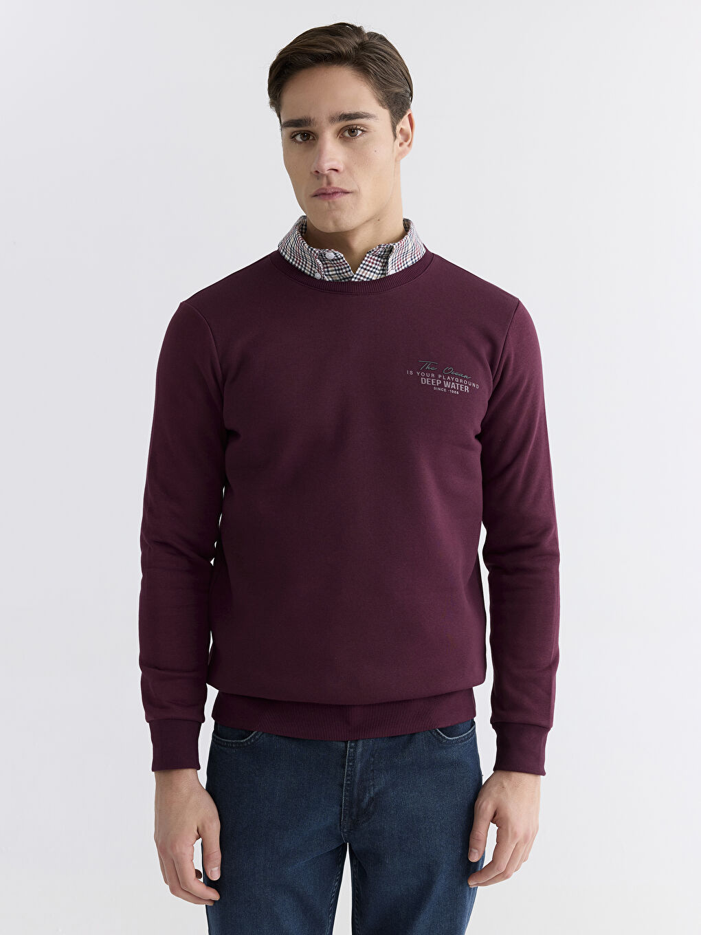 Bordo Bisiklet Yaka Erkek Kalın Sweatshirt
