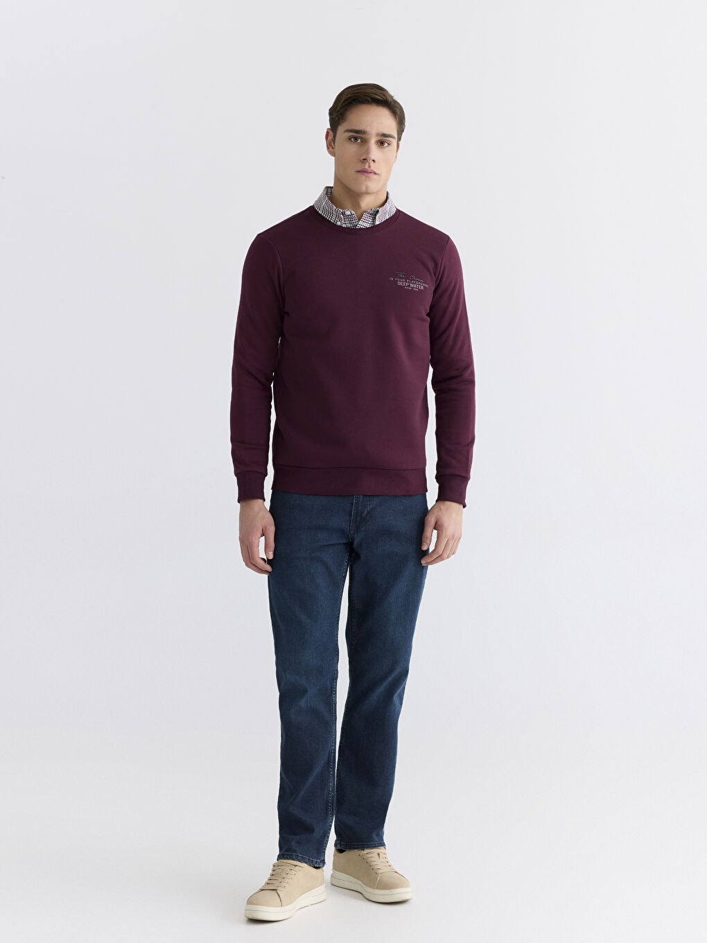 Bordo Bisiklet Yaka Erkek Kalın Sweatshirt-1