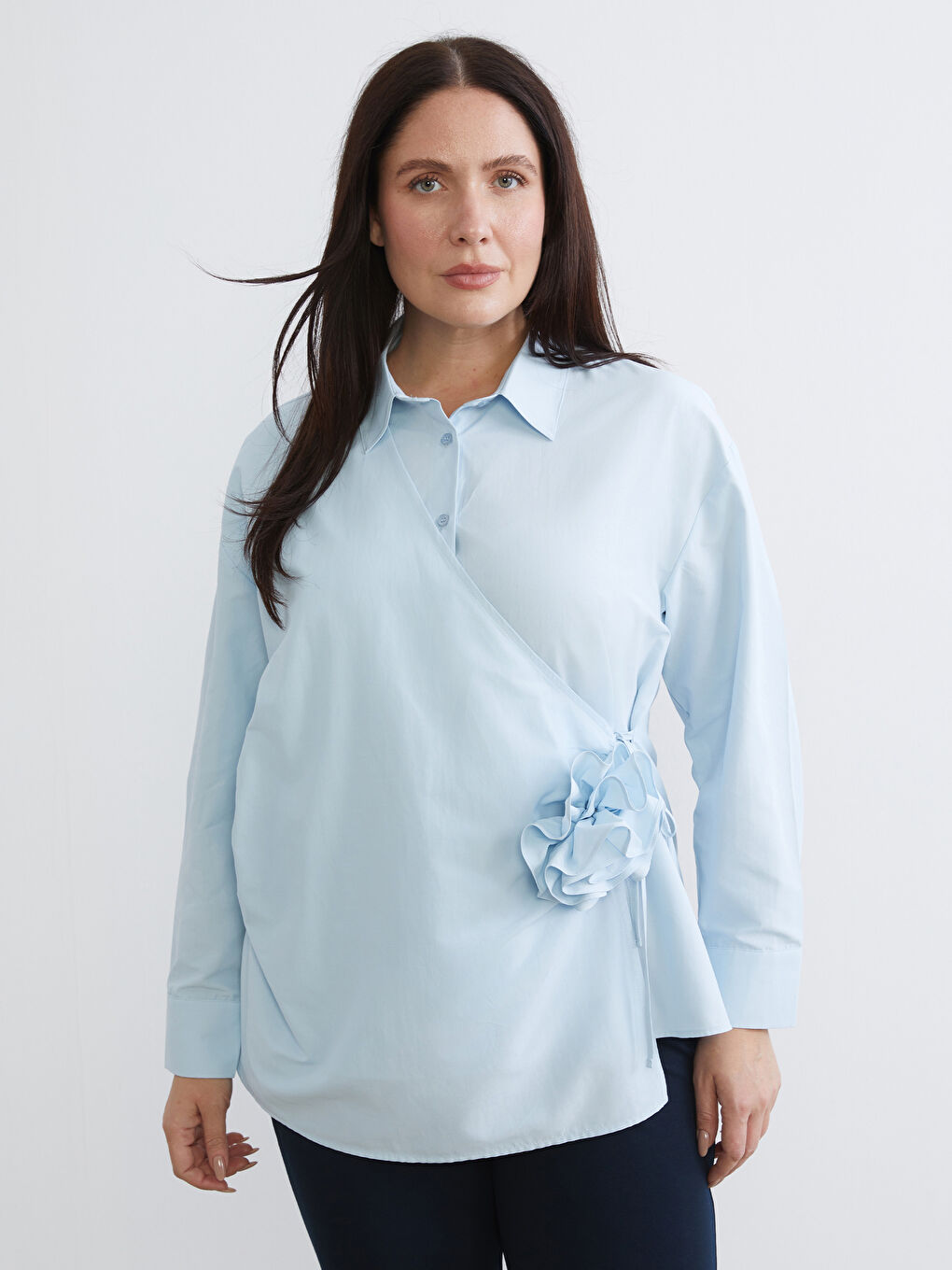 Mavi Büyük Beden Poplin Kadın Gömlek