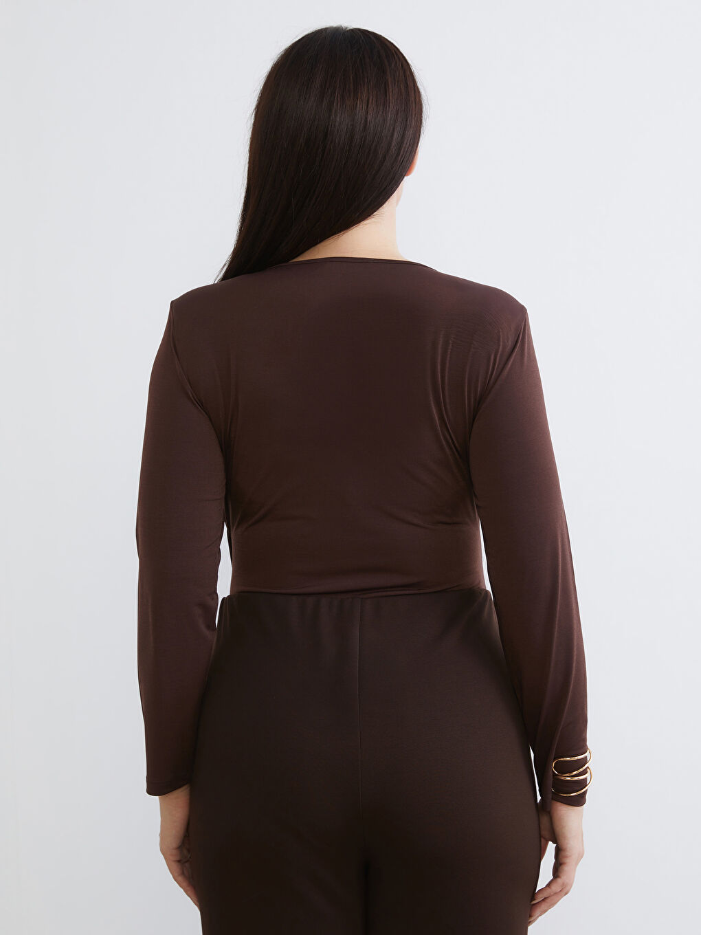 Kahverengi Büyük Beden Kalp Yaka Büzgülü Kadın Bodysuit-3