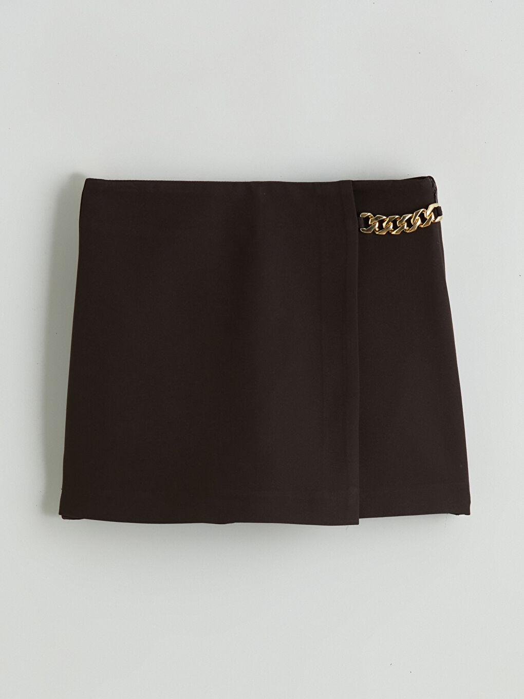Kahverengi Beli Fermuarlı Zincir Detaylı Şort Etek-4