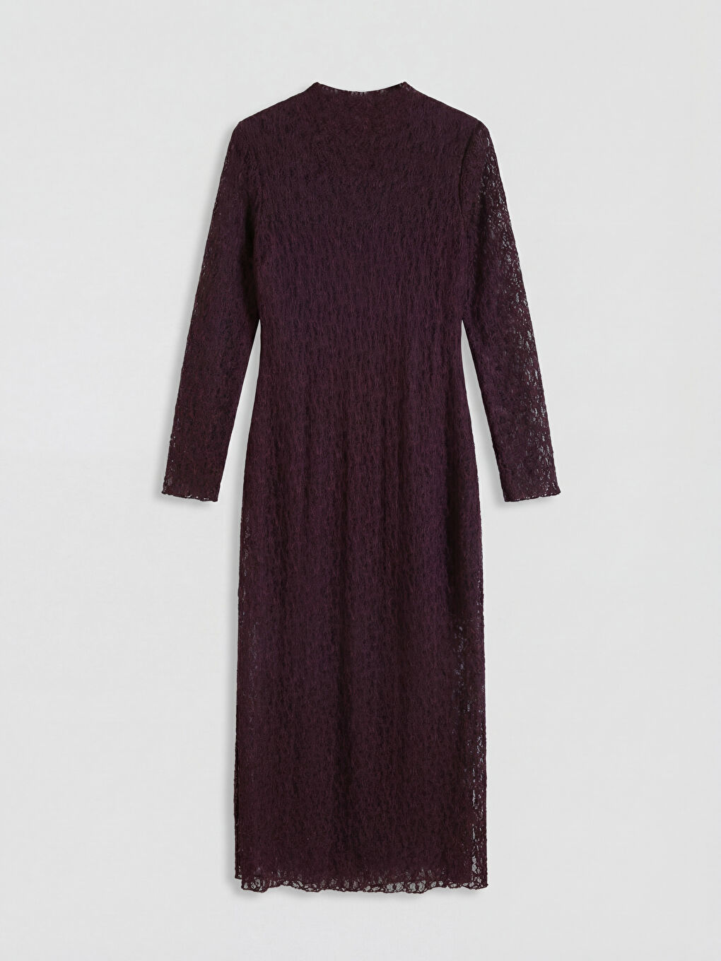 Вталена рокля с висока яка и дантела-4