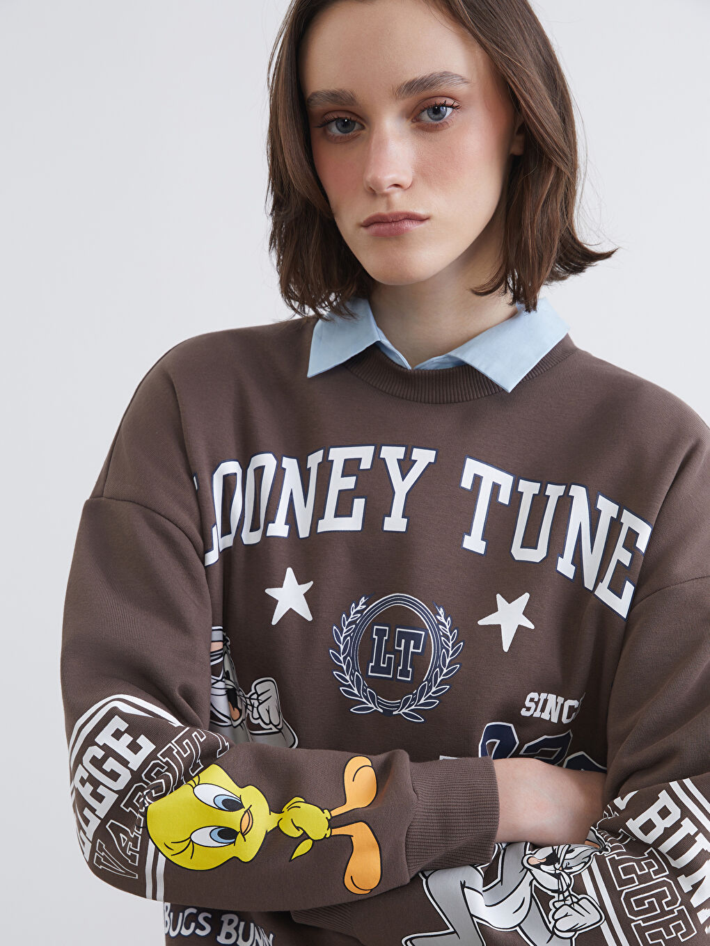 Kahverengi Looney Tunes Baskılı Kadın Kalın Sweatshirt-2