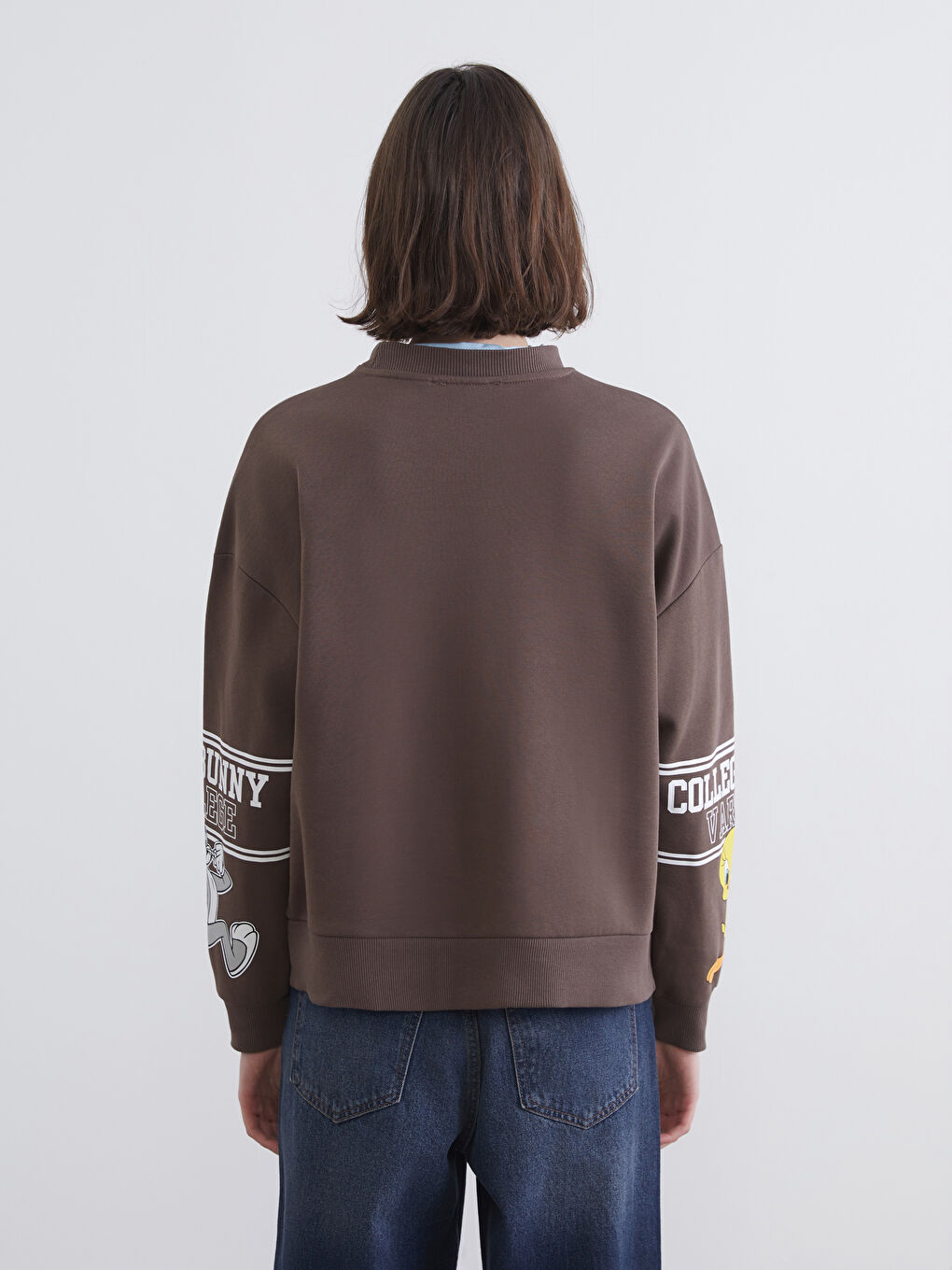Kahverengi Looney Tunes Baskılı Kadın Kalın Sweatshirt-3