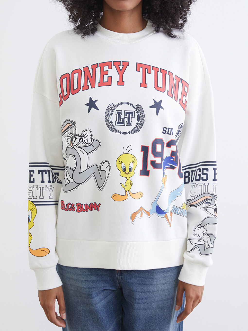 Ekru Looney Tunes Baskılı Kadın Kalın Sweatshirt-2