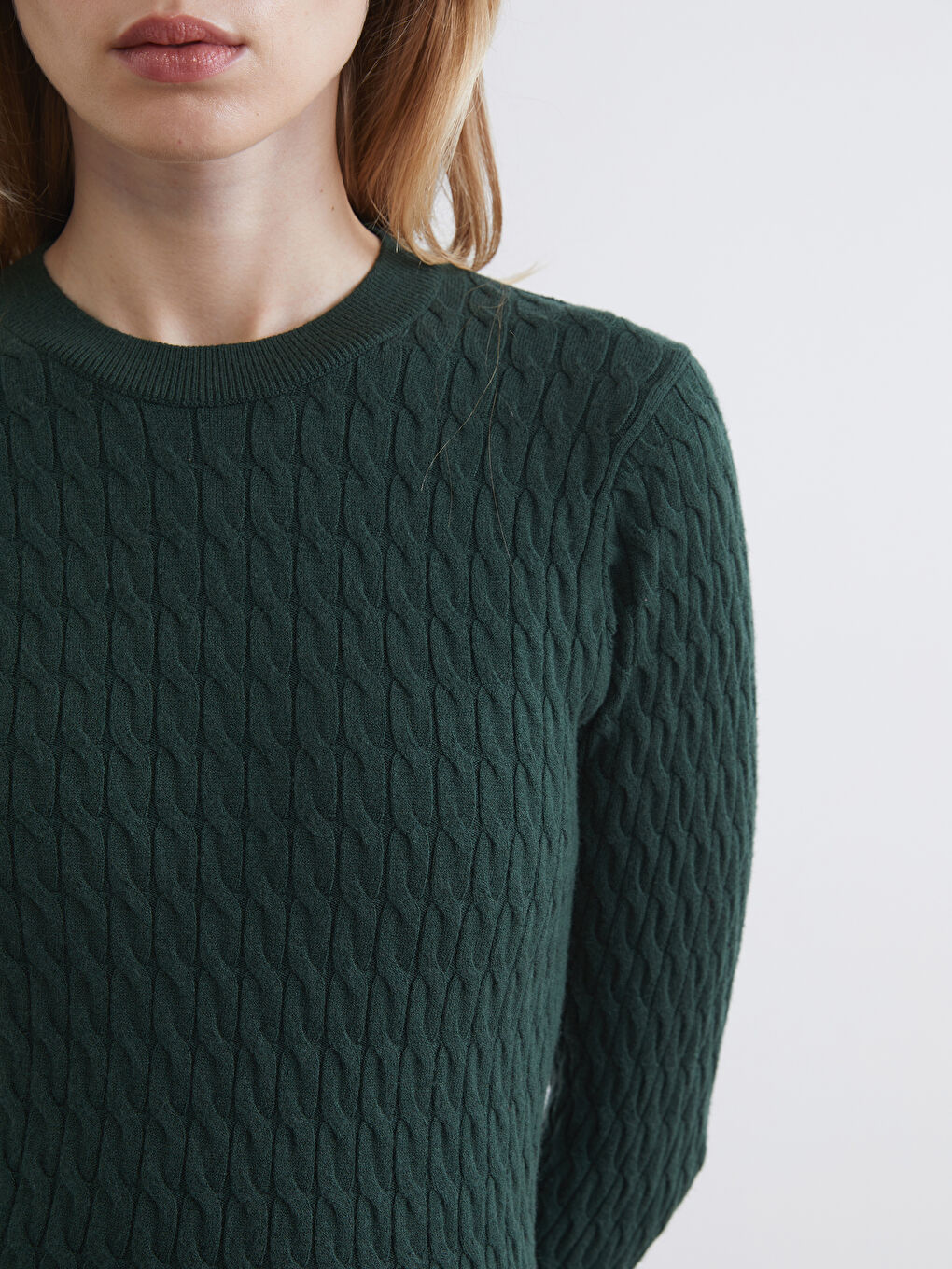 Yeşil Bisiklet Yaka Kendinden Desenli Kadın Triko Kazak-2