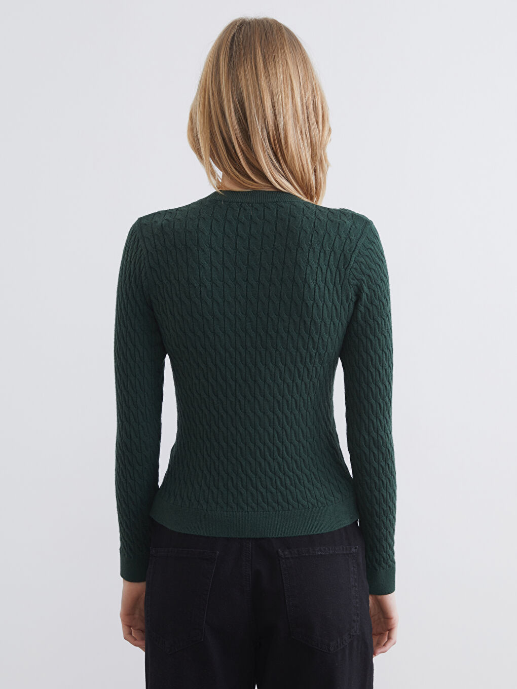 Yeşil Bisiklet Yaka Kendinden Desenli Kadın Triko Kazak-3