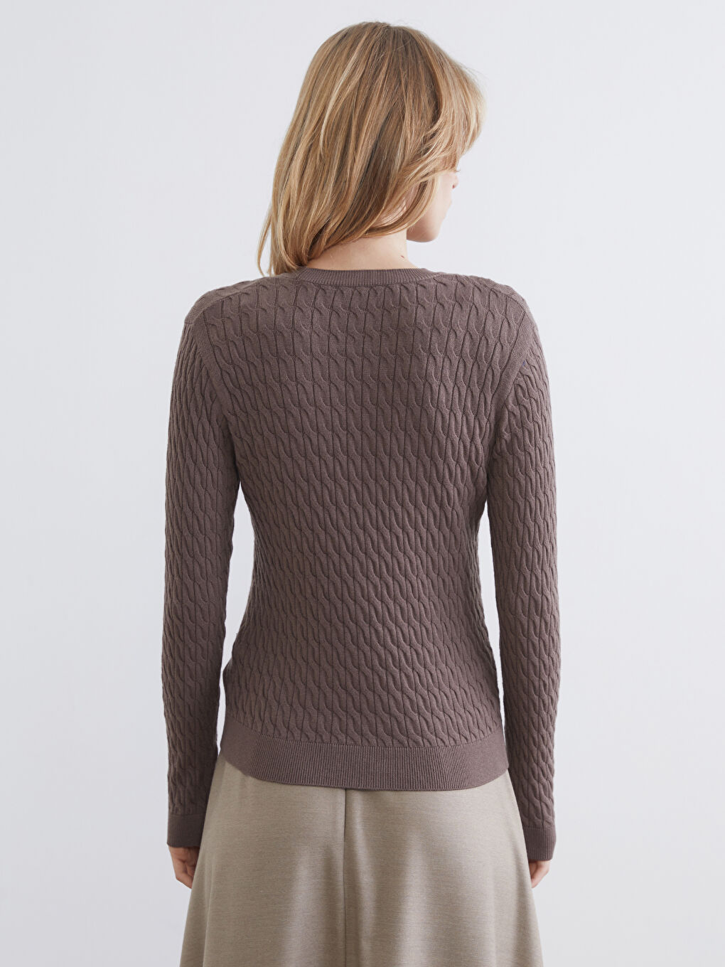 Kahverengi Bisiklet Yaka Kendinden Desenli Kadın Triko Kazak-4