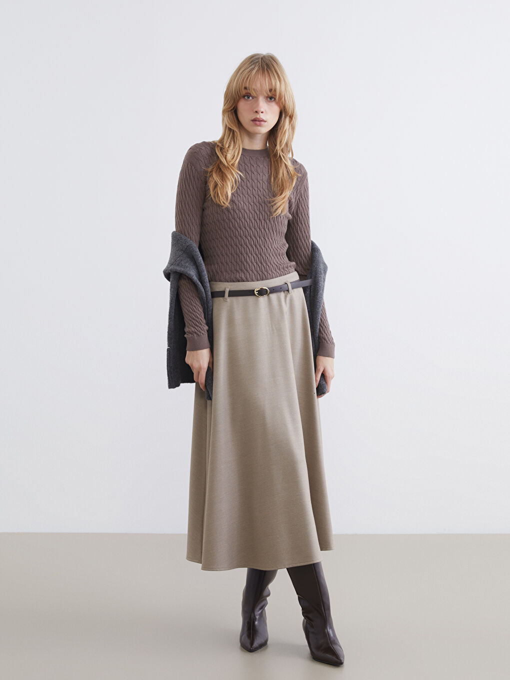 Kahverengi Bisiklet Yaka Kendinden Desenli Kadın Triko Kazak-2