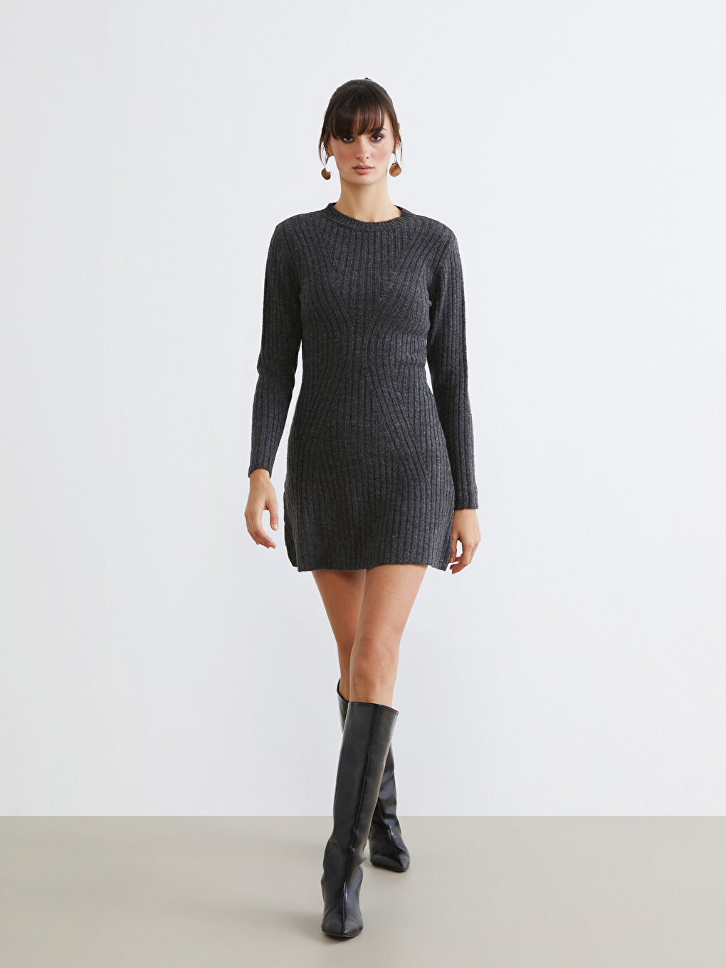 Antrasit Bisiklet Yaka Peplum Mini Triko Elbise