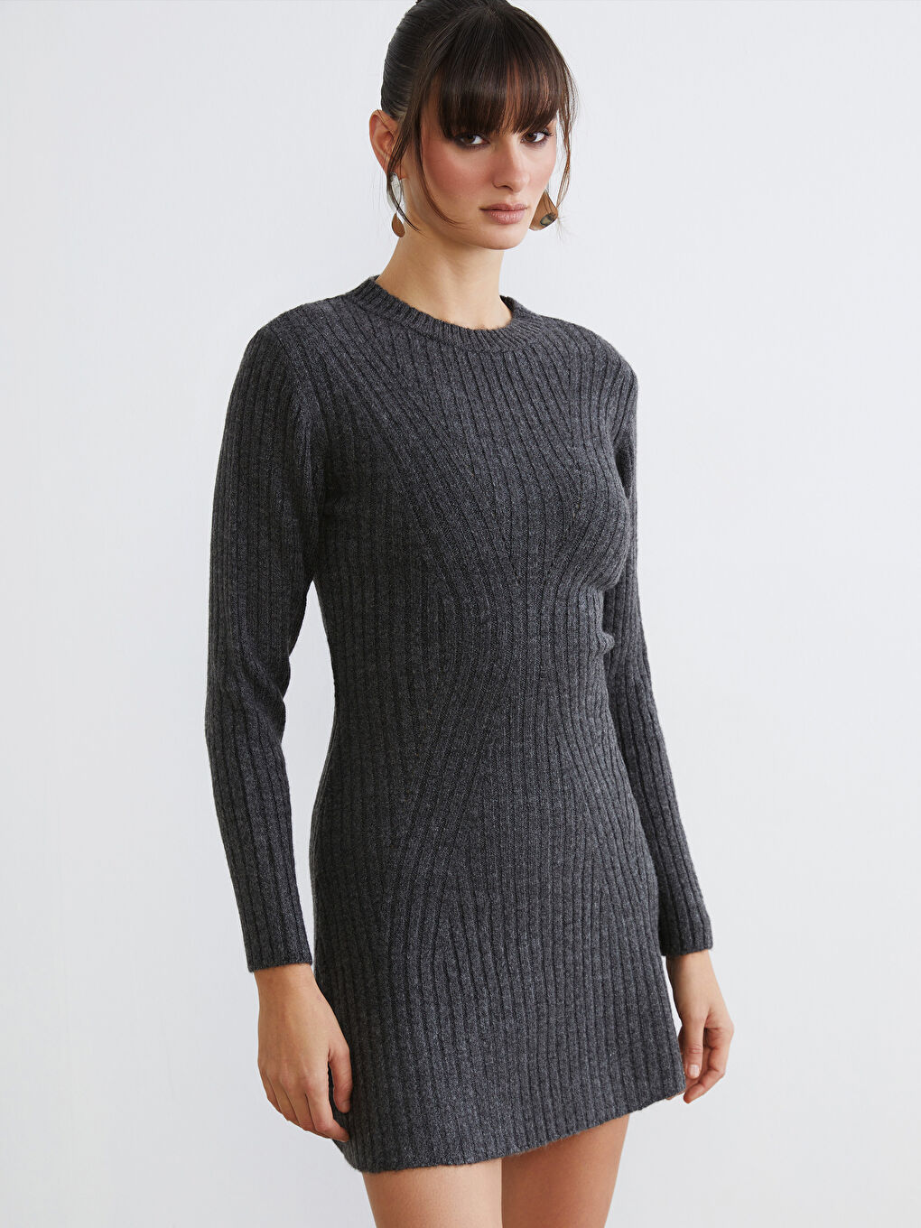 Antrasit Bisiklet Yaka Peplum Mini Triko Elbise-1