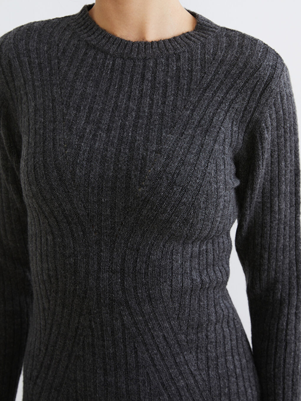 Antrasit Bisiklet Yaka Peplum Mini Triko Elbise-2