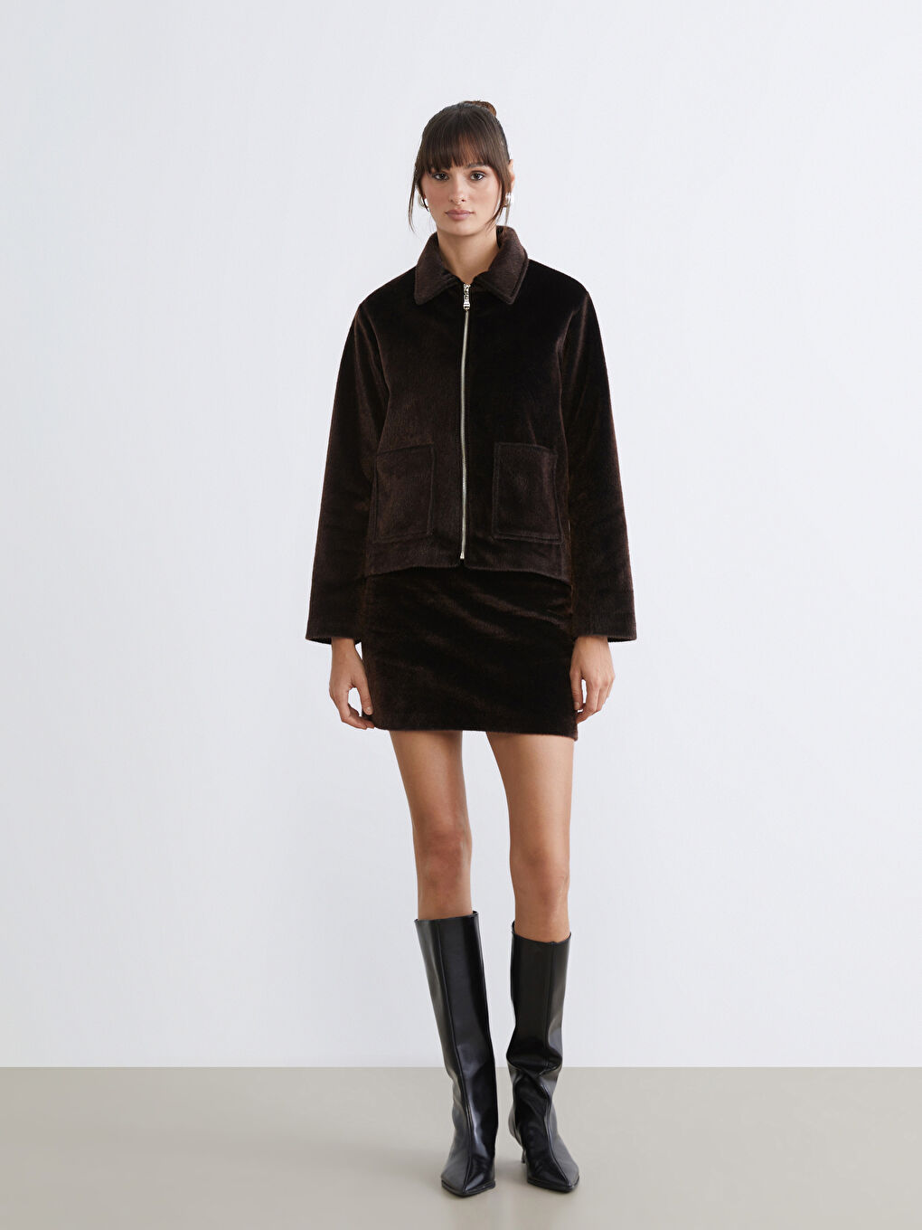 Kahverengi Gömlek Yaka Kadın Kürk Kaban-1