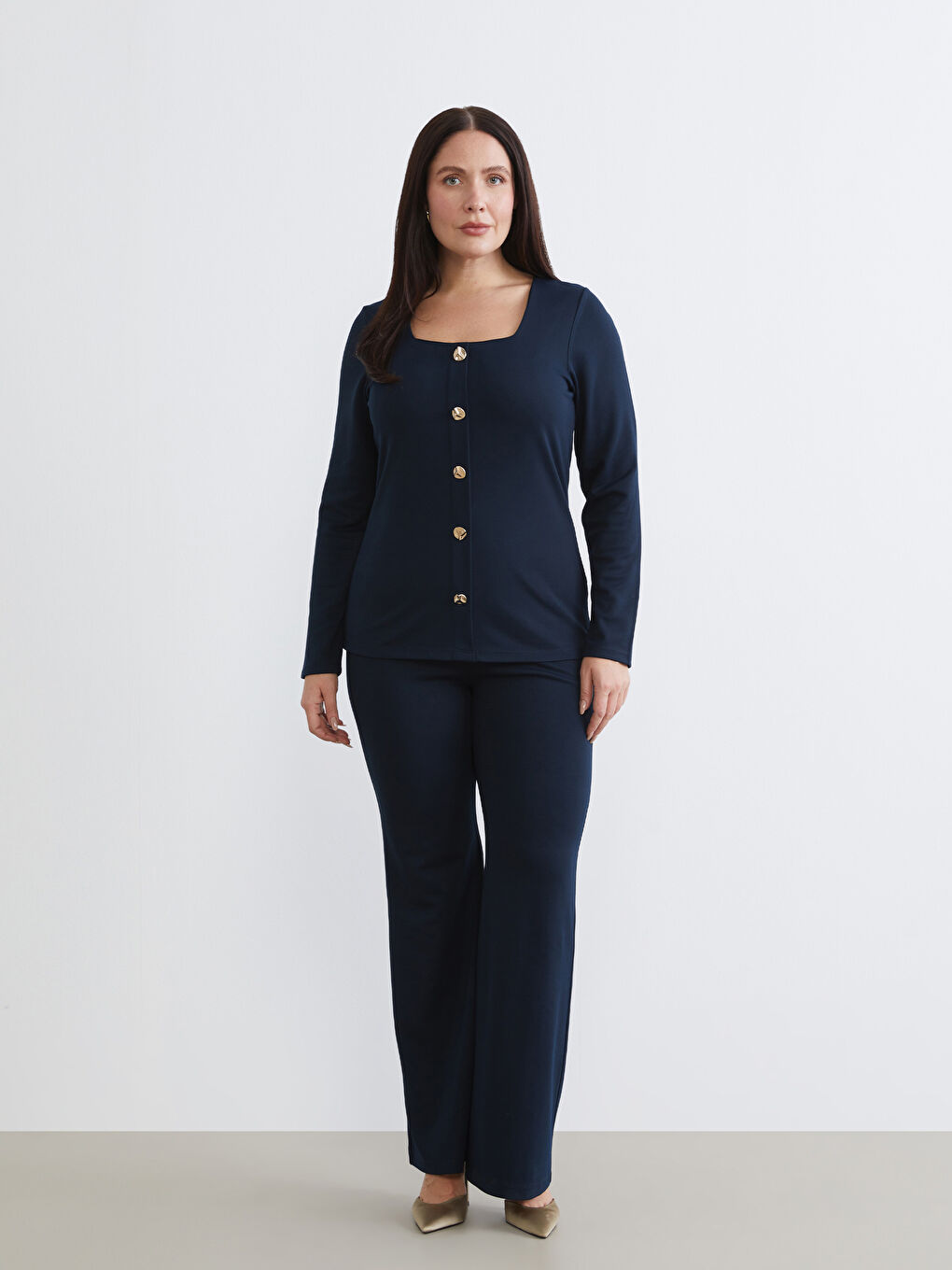 Lacivert Büyük Beden Kare Yaka Bluz-1