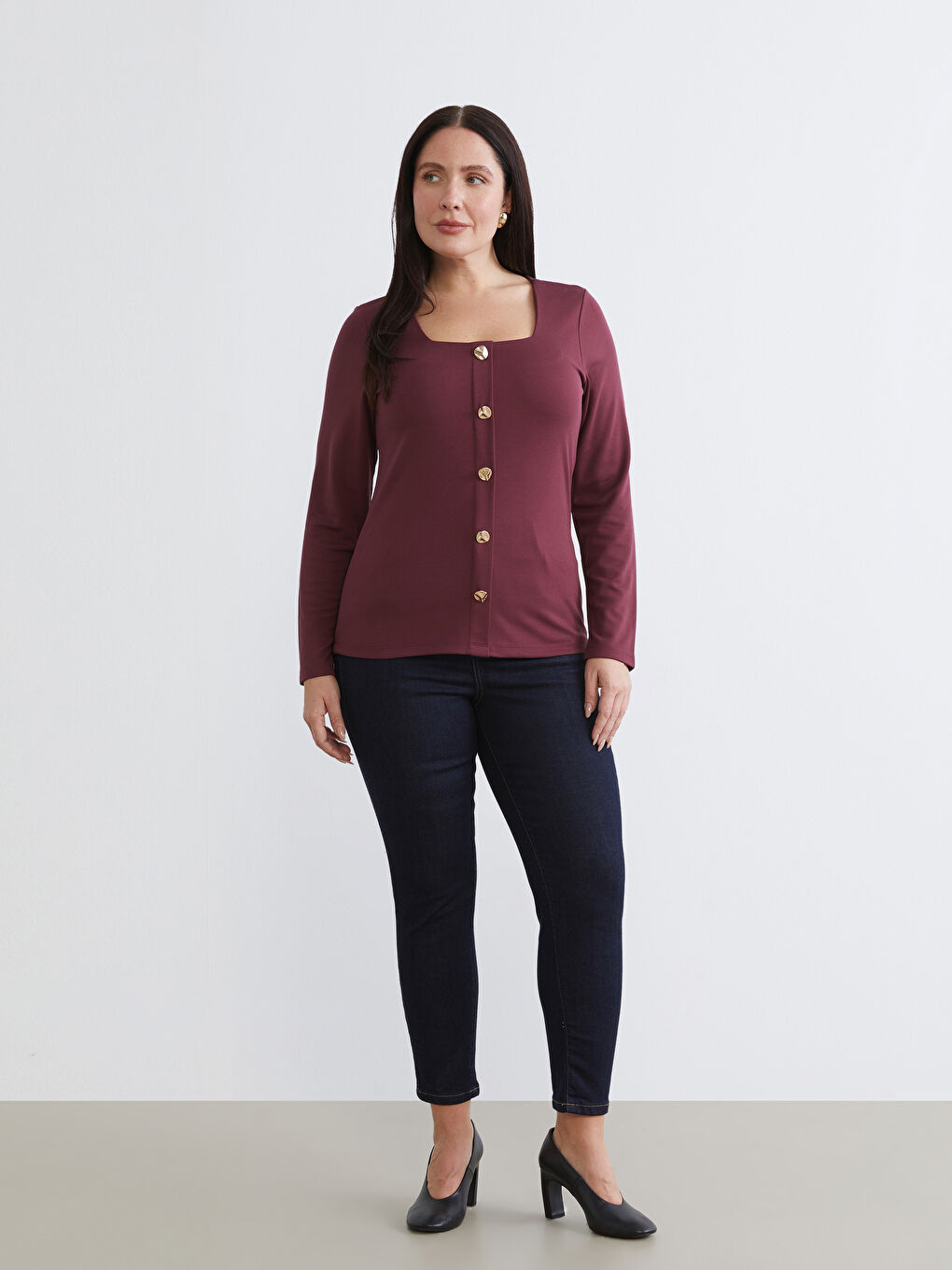 Bordo Büyük Beden Kare Yaka Bluz-1