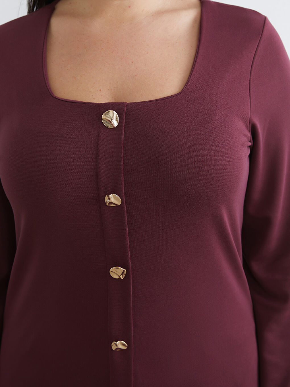 Bordo Büyük Beden Kare Yaka Bluz-2