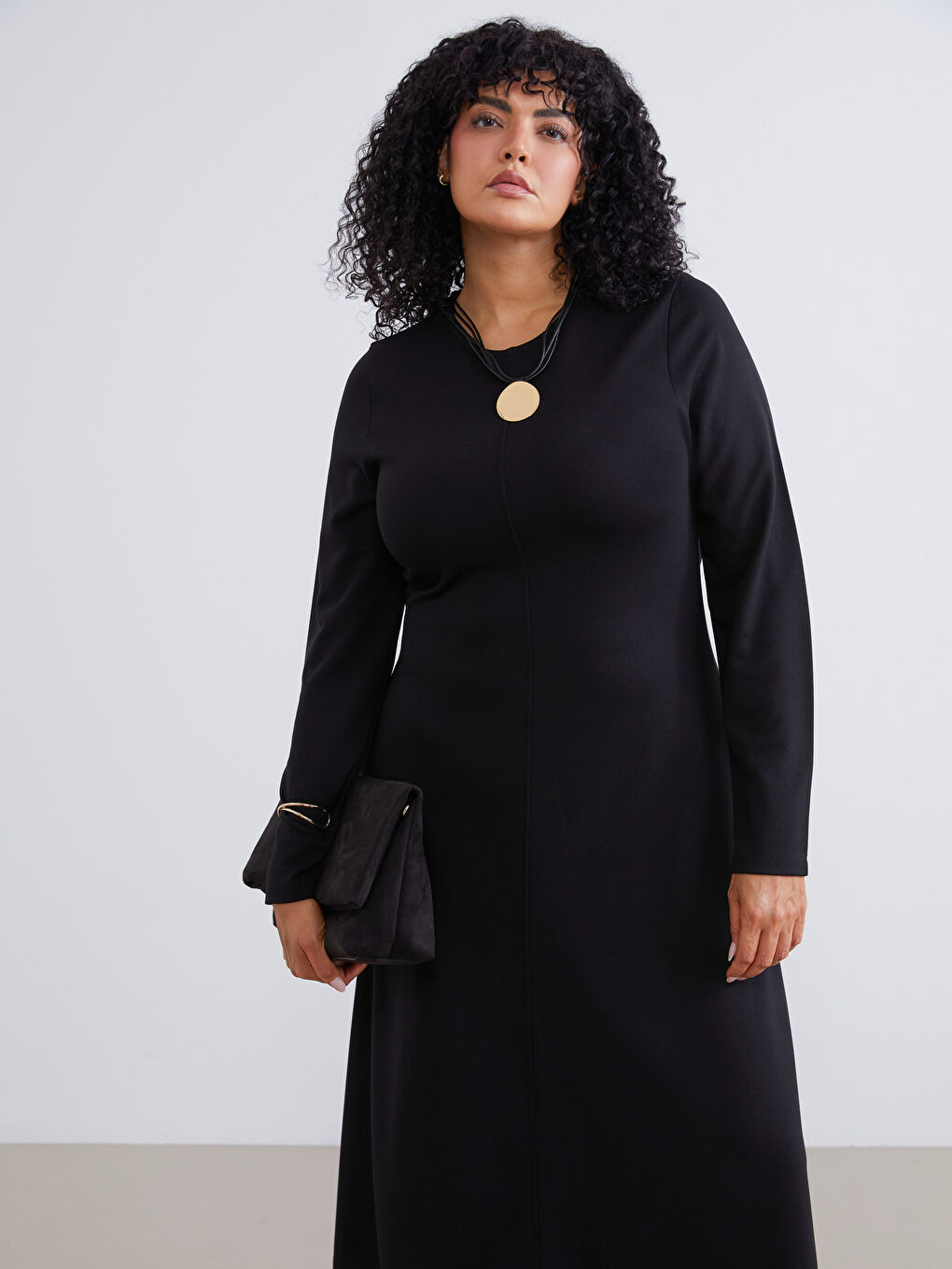 Siyah Büyük Beden Bisiklet Yaka Elbise-1