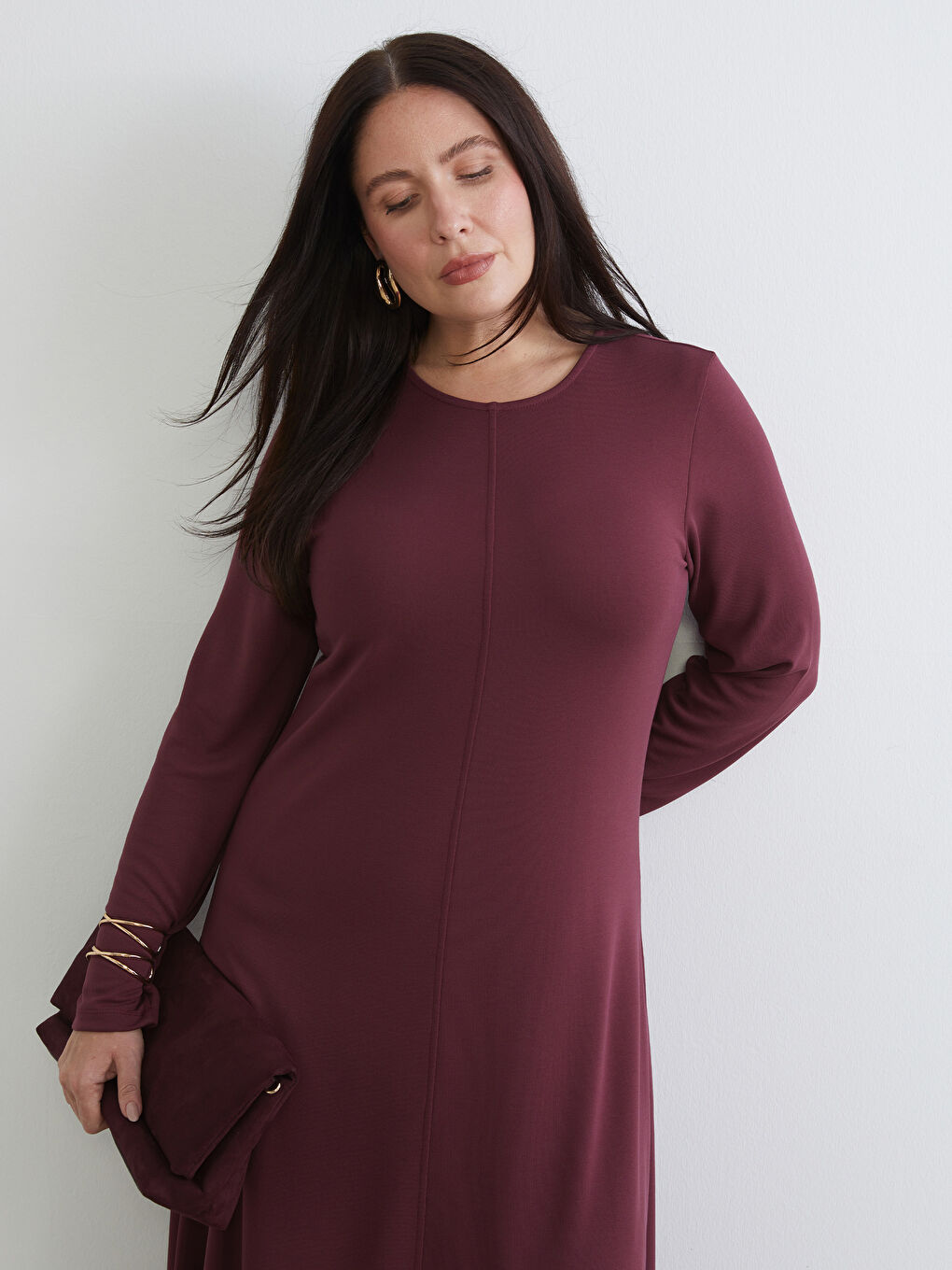 Bordo Büyük Beden Bisiklet Yaka Elbise-2