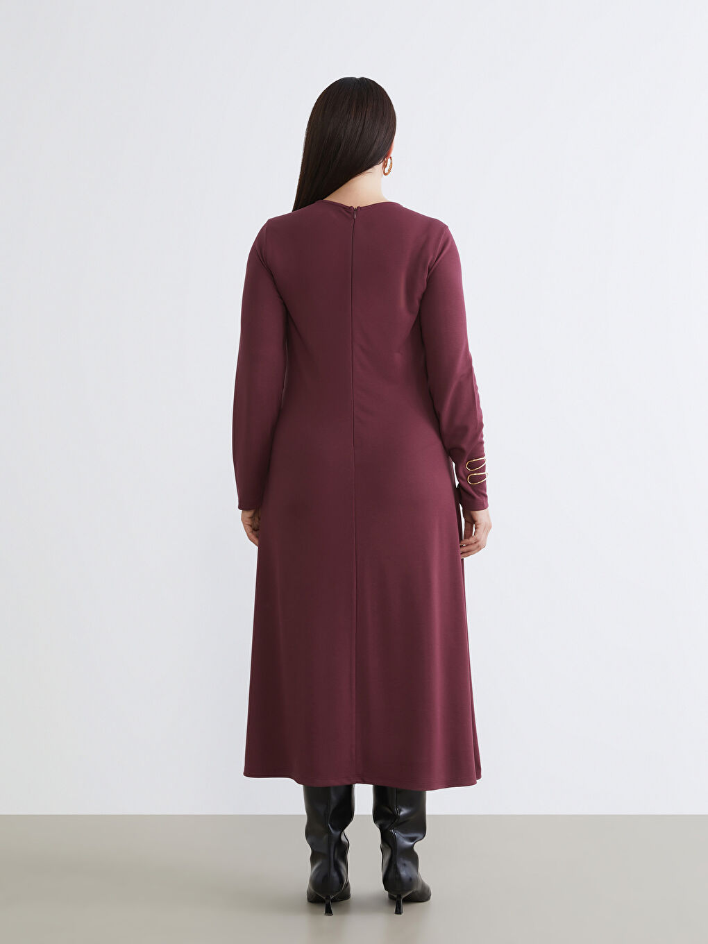 Bordo Büyük Beden Bisiklet Yaka Elbise-4