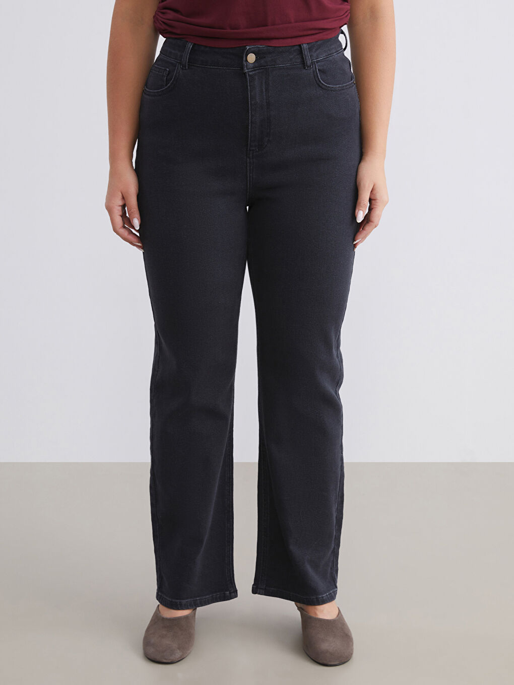 Siyah Büyük Beden Wideleg Kadın Jean Pantolon-1