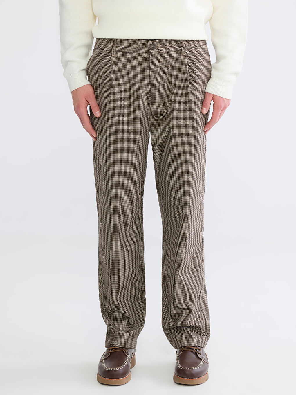Kahverengi Standart Kalıp Erkek Pileli Pantolon-1