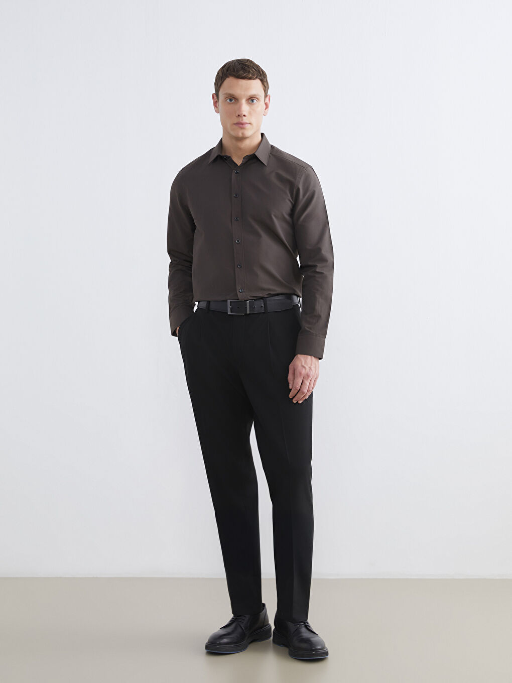 Kahverengi Regular Fit Uzun Kollu Erkek Gömlek-1