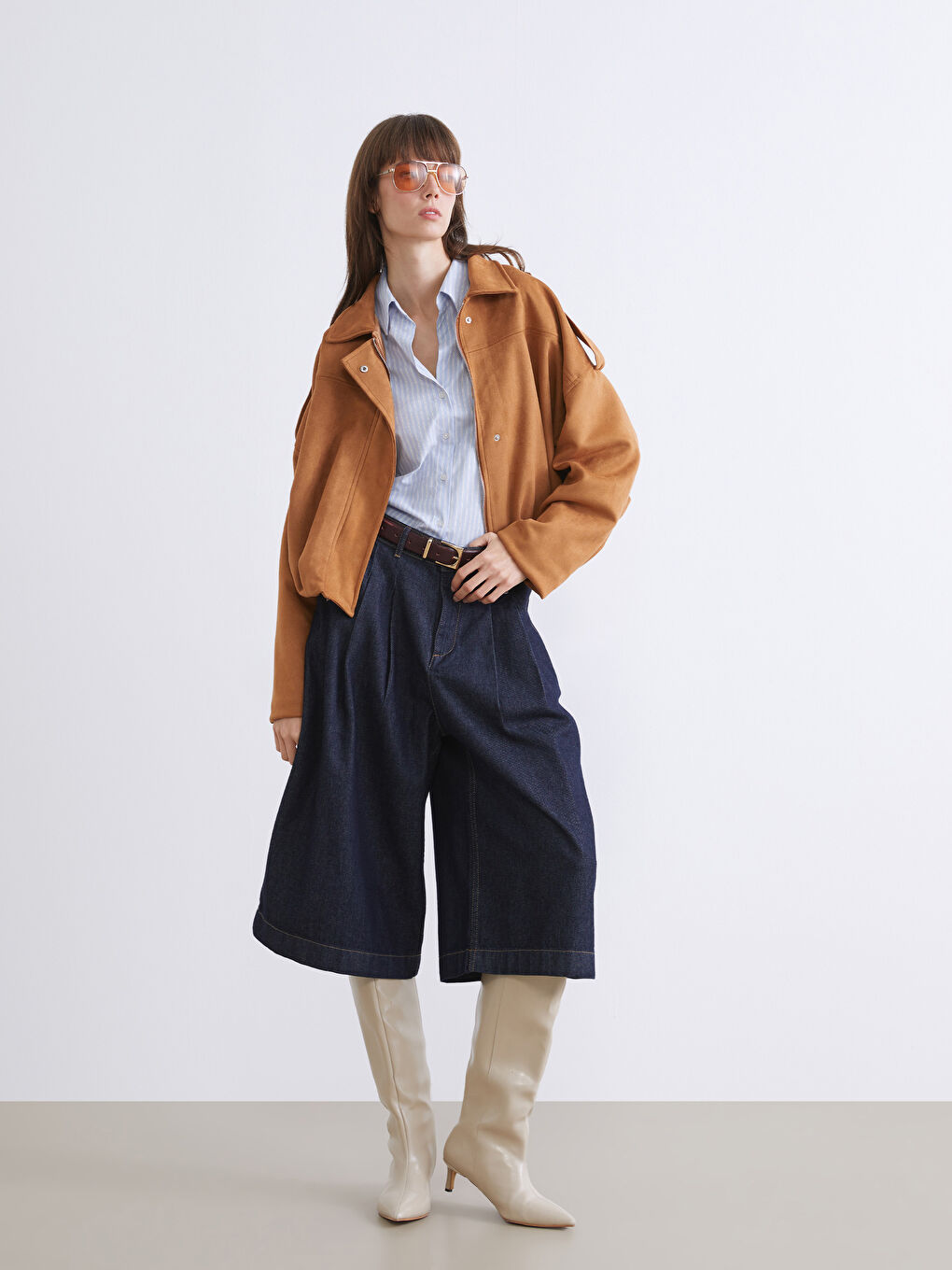 Kahverengi Gömlek Yaka Süet Görünümlü Kadın Bomber Ceket-1