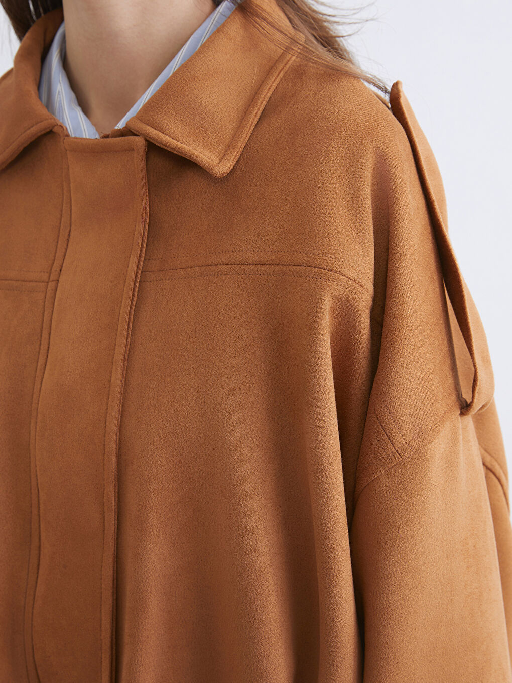 Kahverengi Gömlek Yaka Süet Görünümlü Kadın Bomber Ceket-2