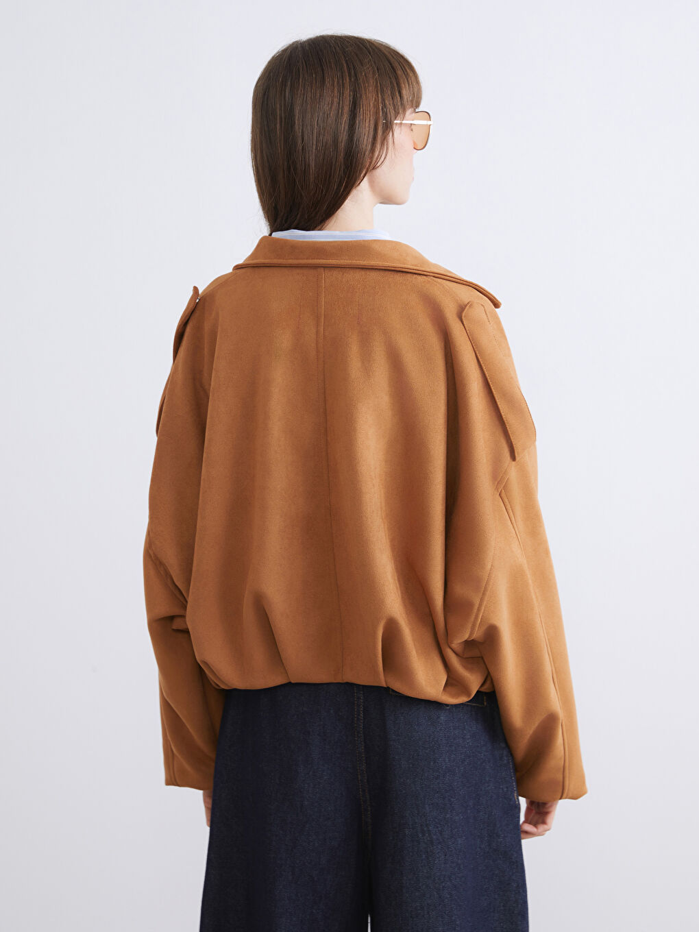 Kahverengi Gömlek Yaka Süet Görünümlü Kadın Bomber Ceket-4