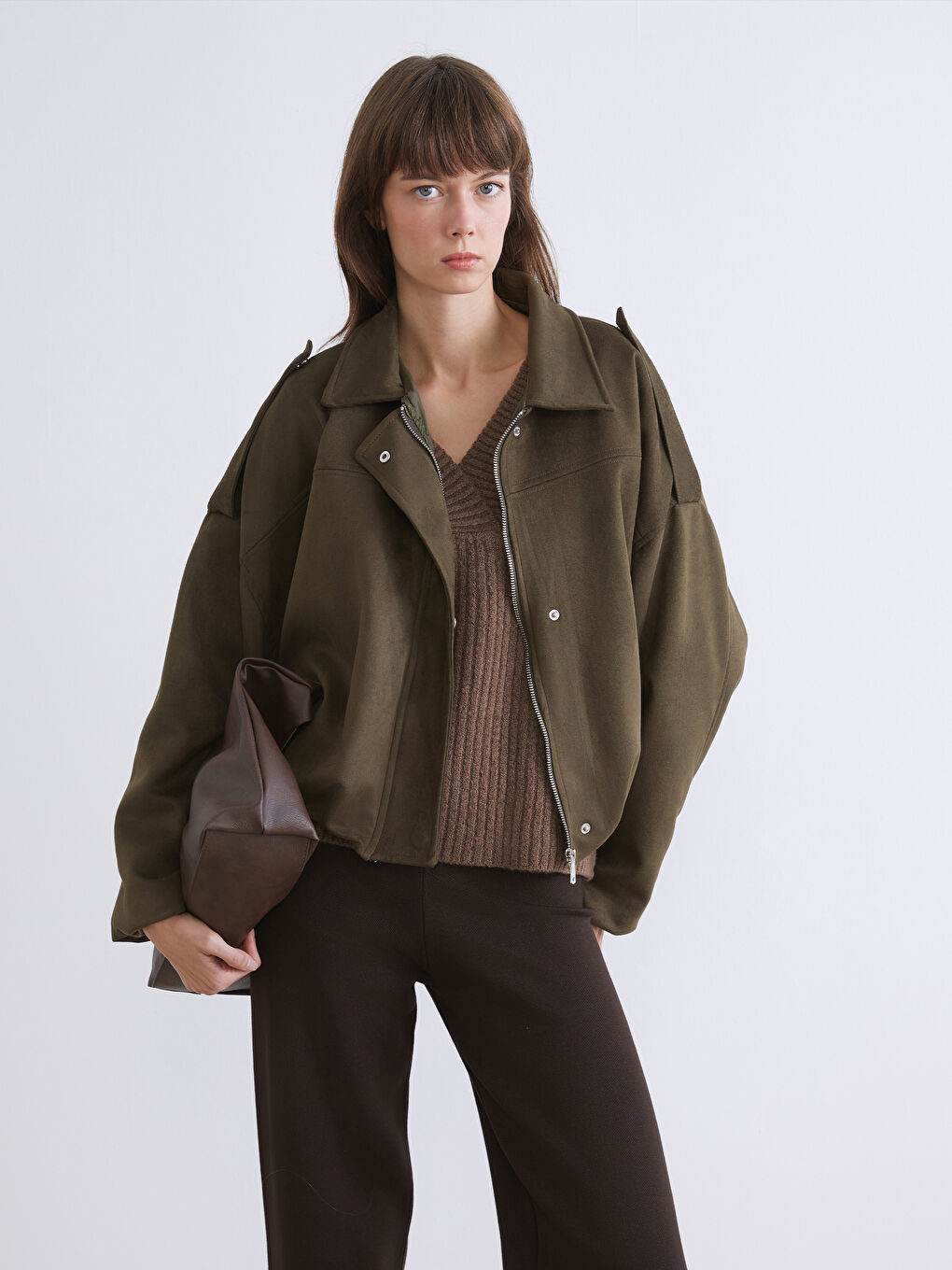 Haki Gömlek Yaka Süet Görünümlü Kadın Bomber Ceket